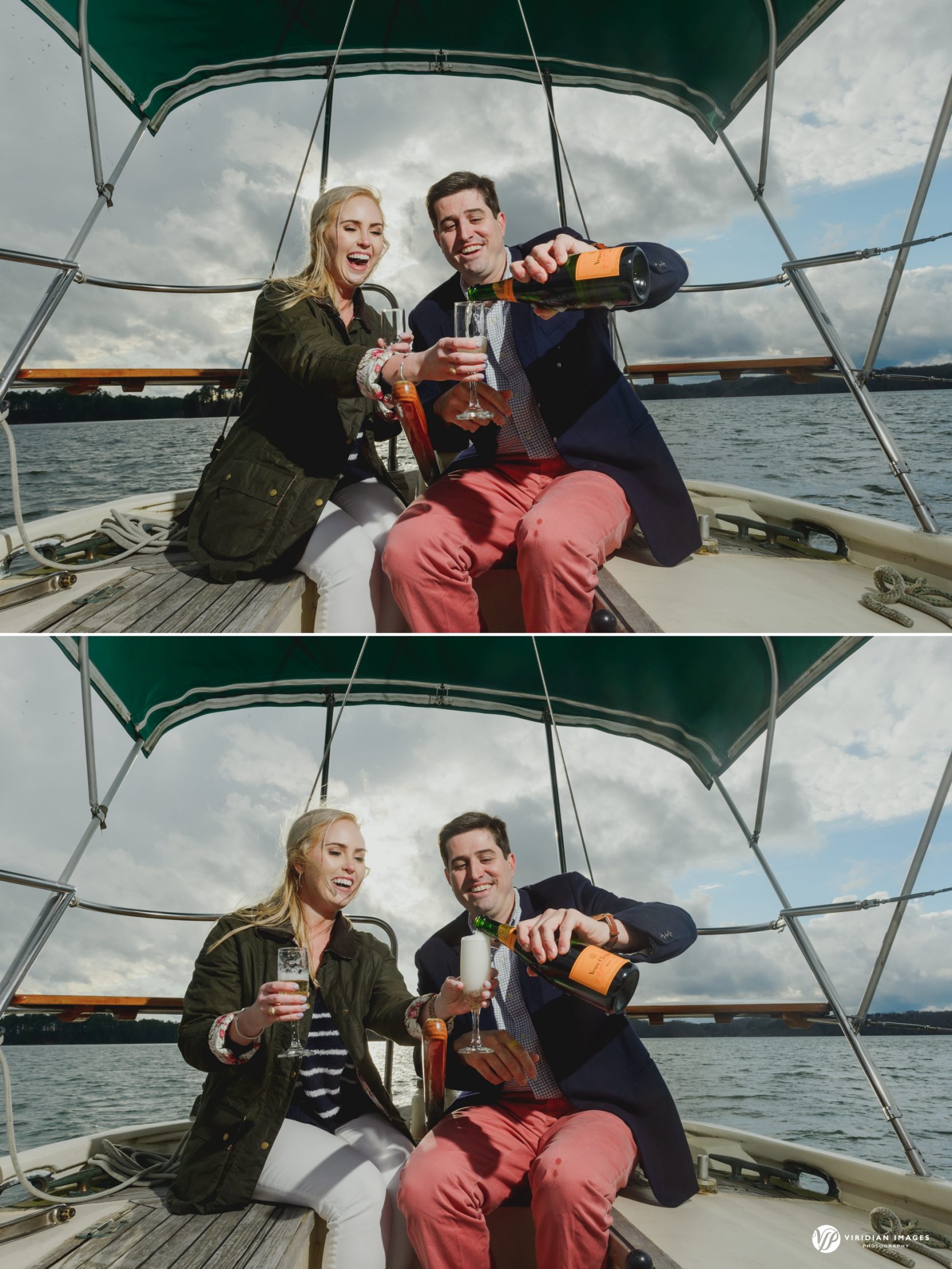 Couple celebrating with champagne during winter engagement session on sailboat
