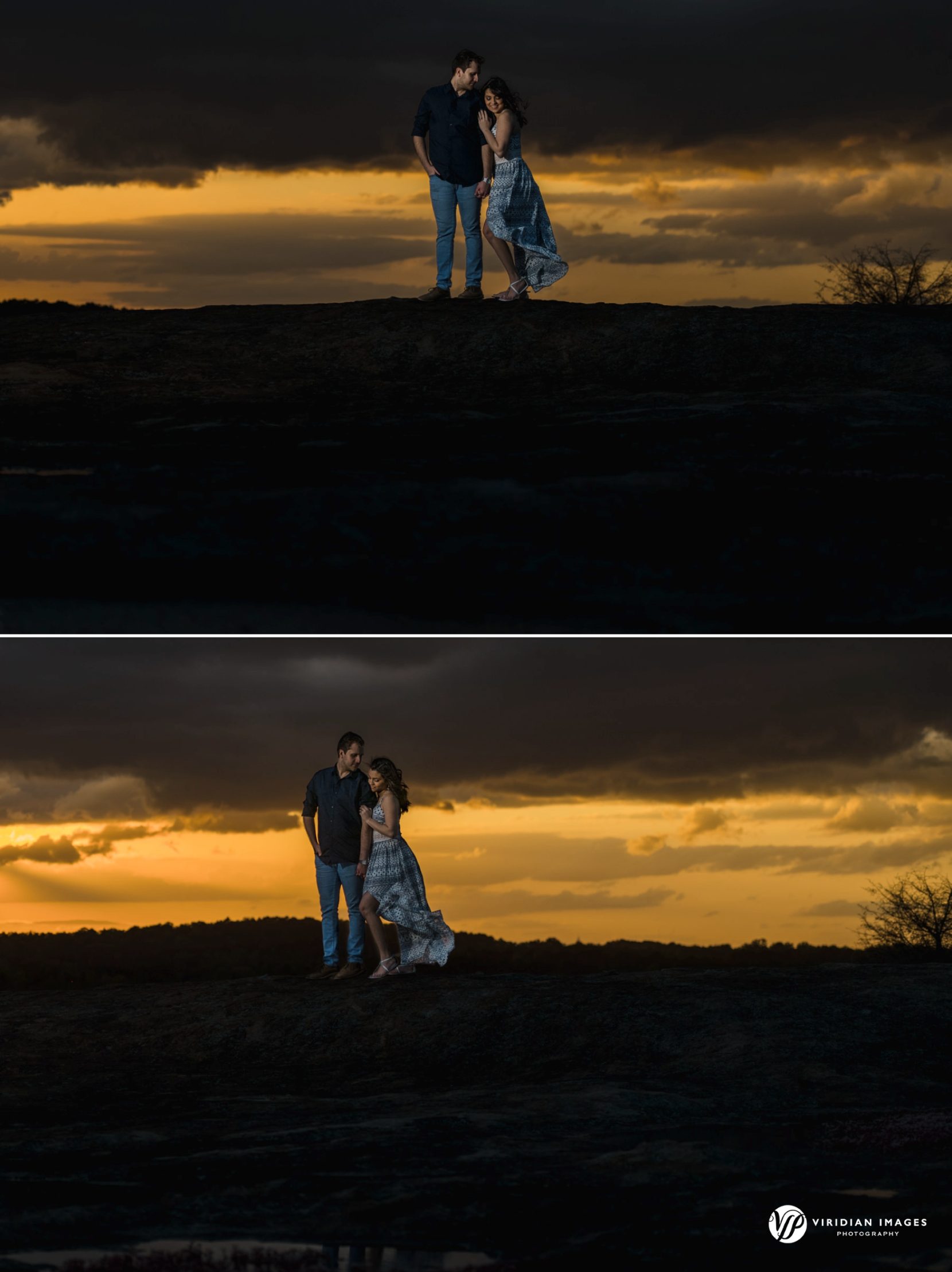 Storm clouds shape the golden hour sun on top of Mountain during engagement photo shoot