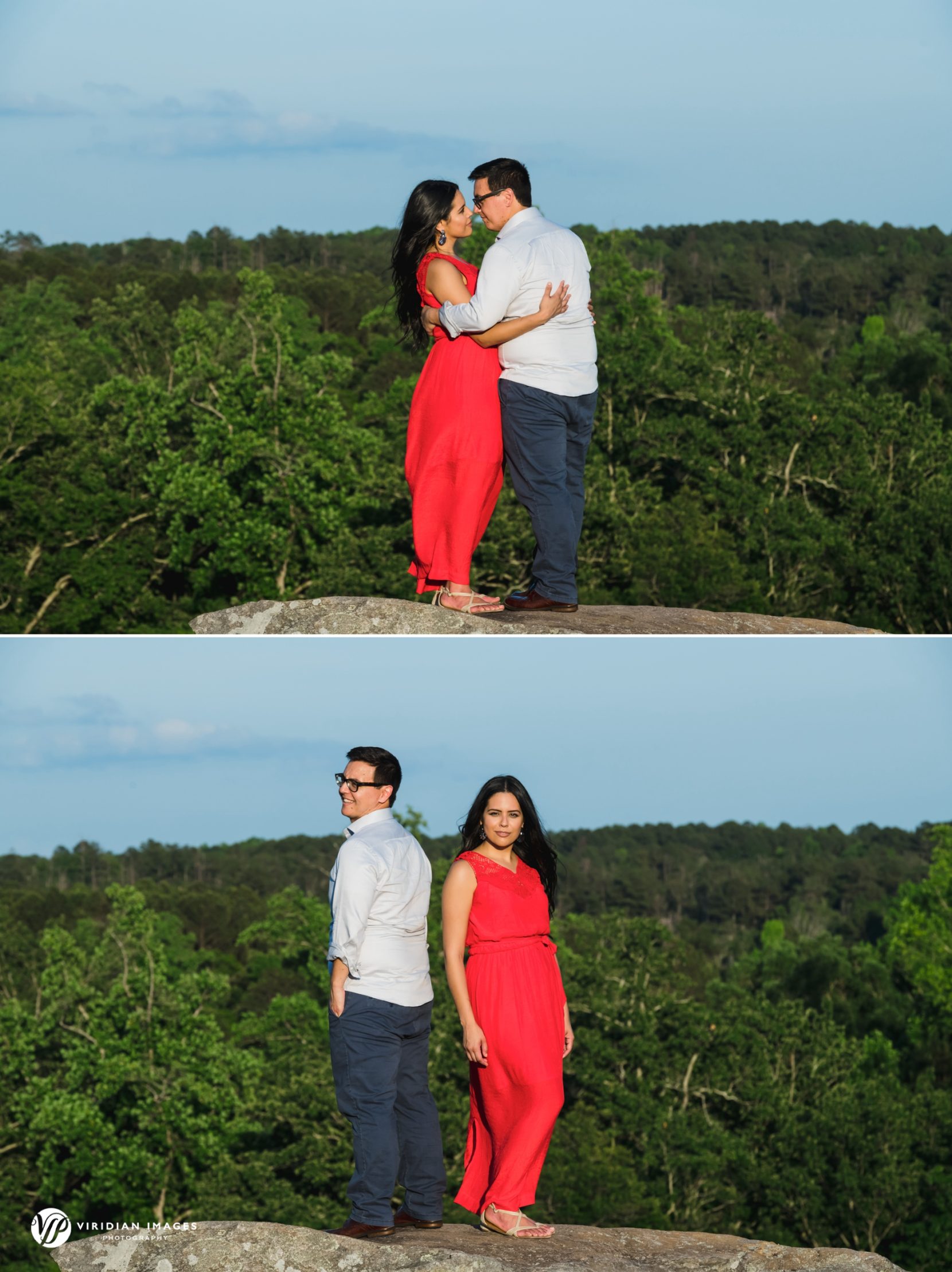 Couple photoshoot on top of mountain with green trees and blue skies, woman in red dress