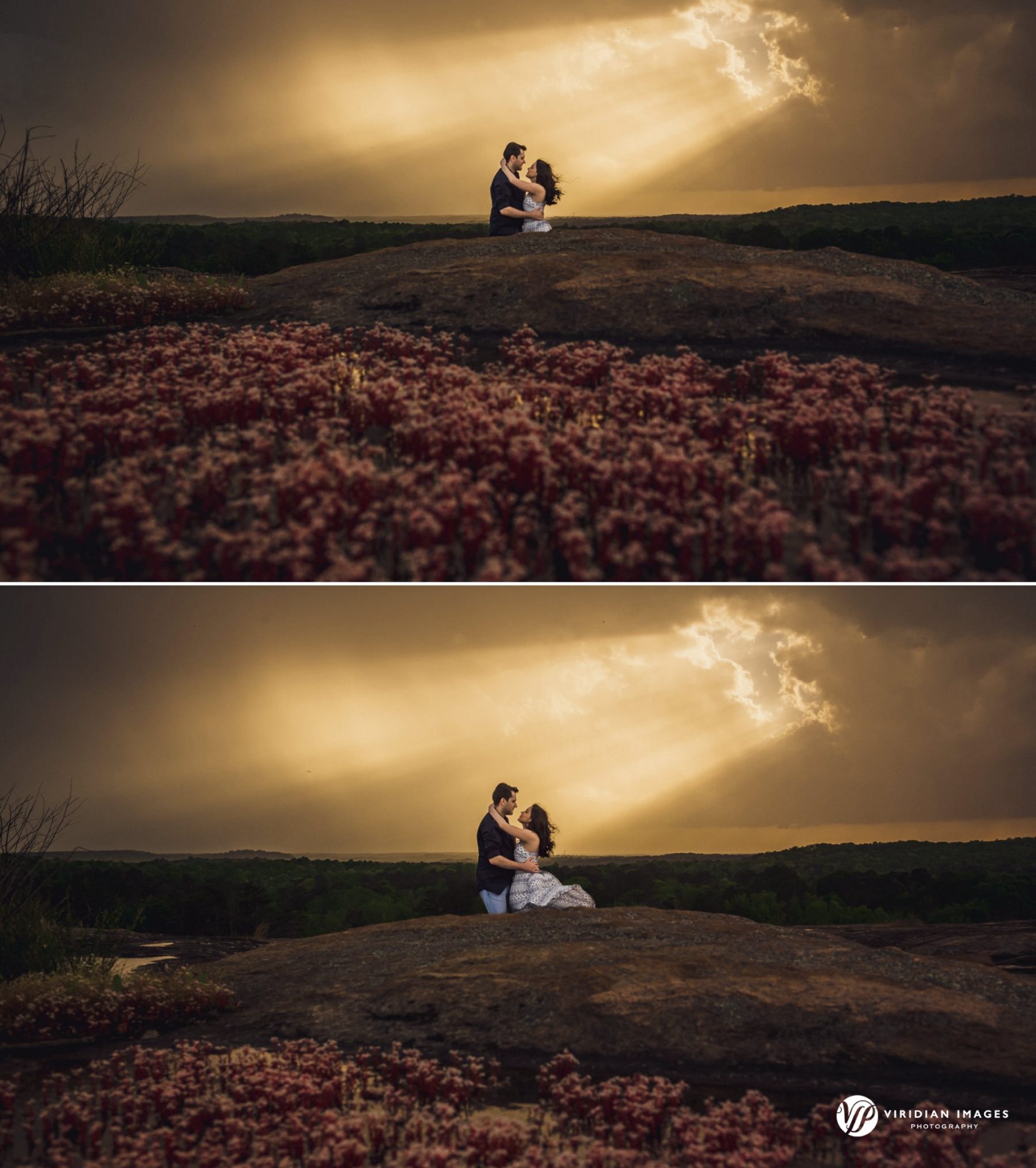 Engaged couple standing on Mountain as storm clouds gather in the distance, creating a dramatic and romantic atmosphere