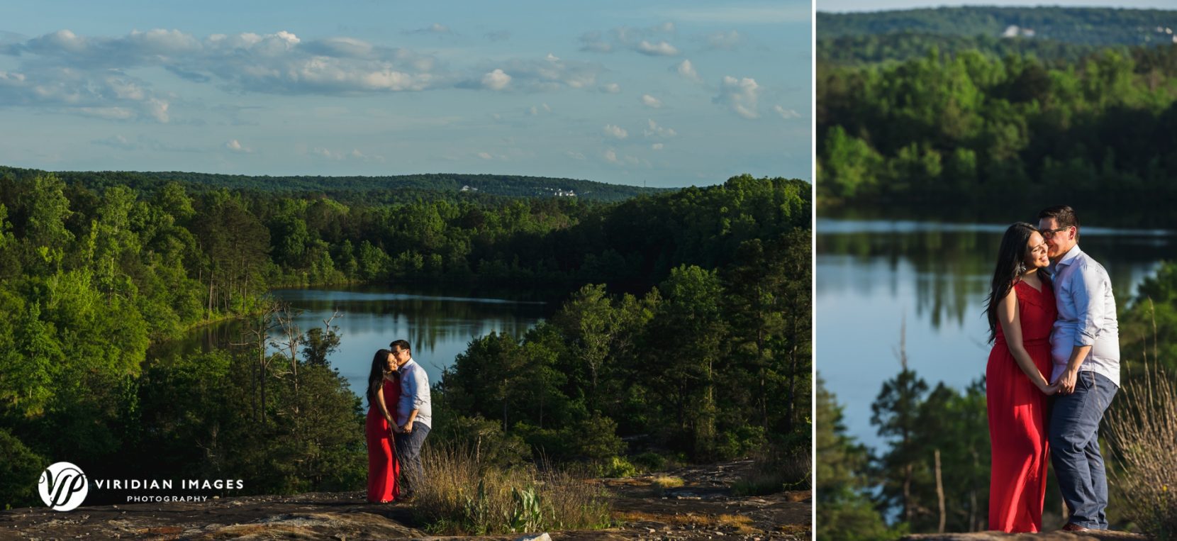 wide angle shot of engaged couple on top of mountain with lake in background