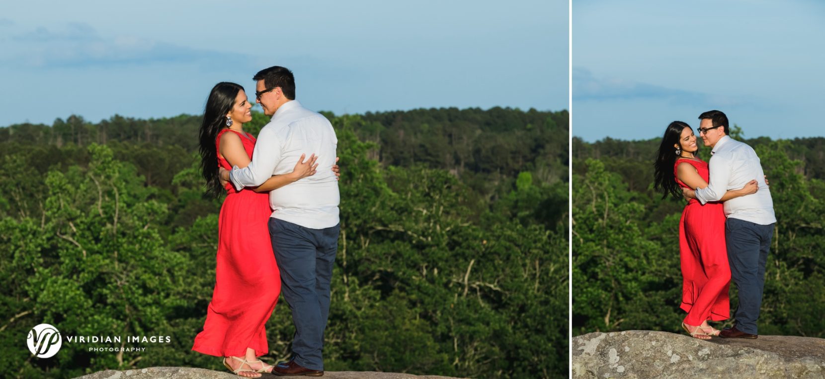 engaged couple at arabia mountain, woman in red dress, man in grey and blue slacks against green trees and blue skies