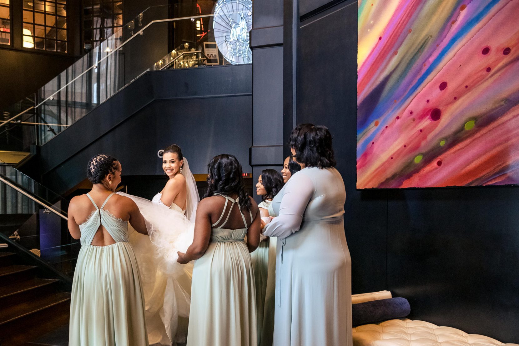 bride with bridesmaids at luxury wedding venue in Atlanta by Viridian Images Photography