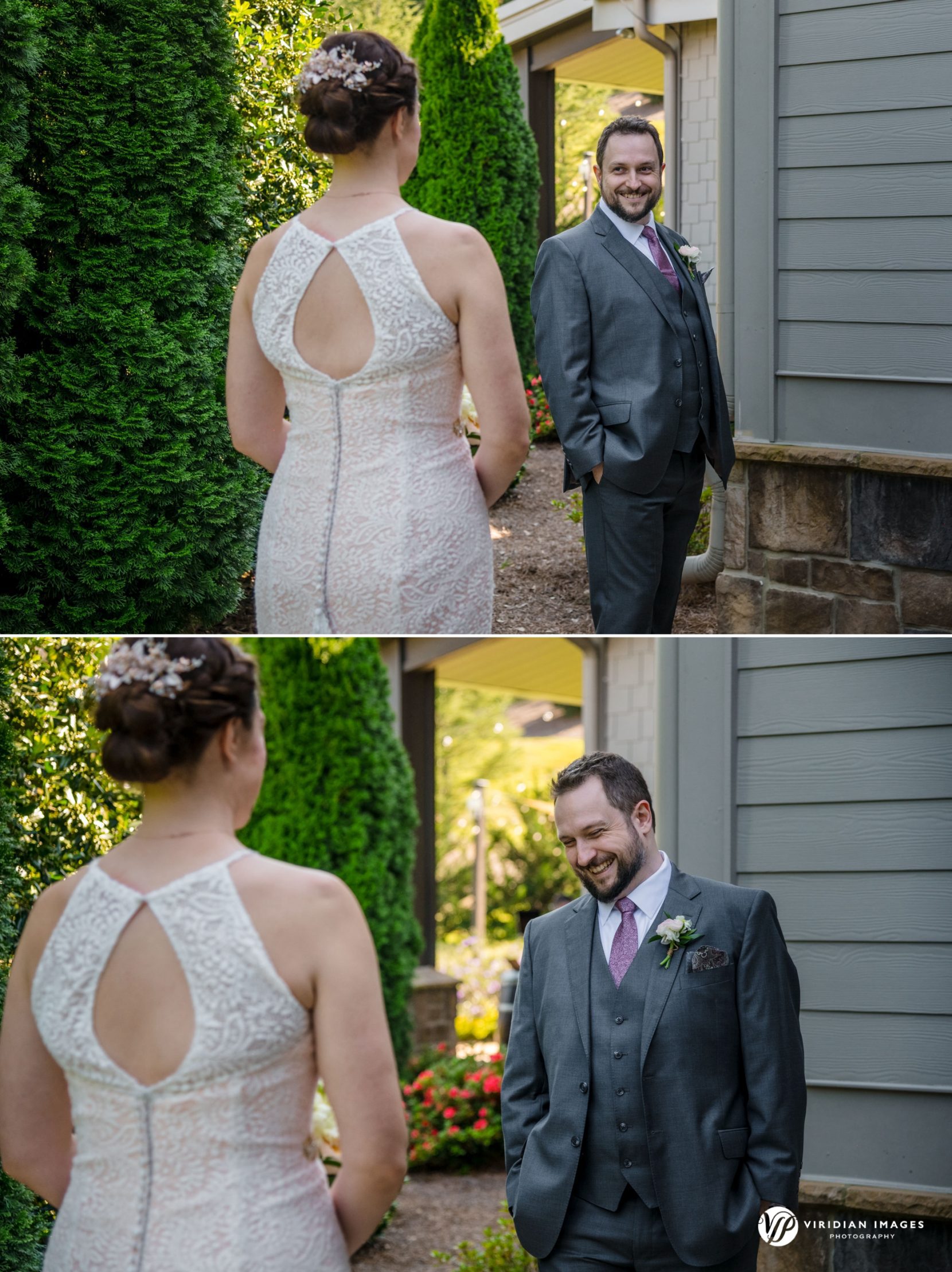 Groom sees bride after turning during first look at Yonah Mountain Vineyarad