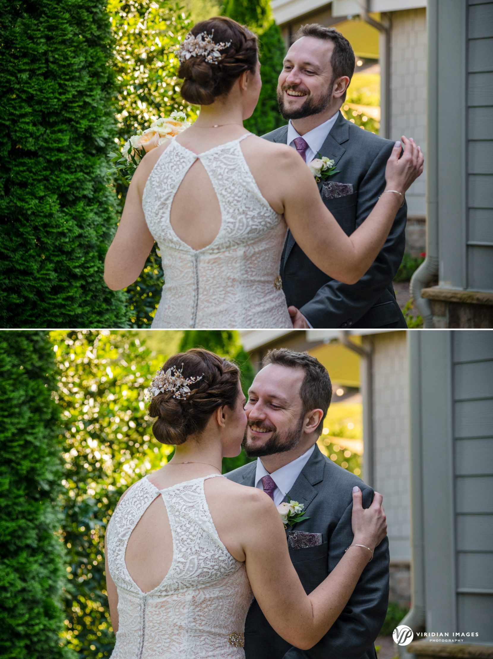 Bride and Groom first kiss after first look at Yonah Mountain Vineyard