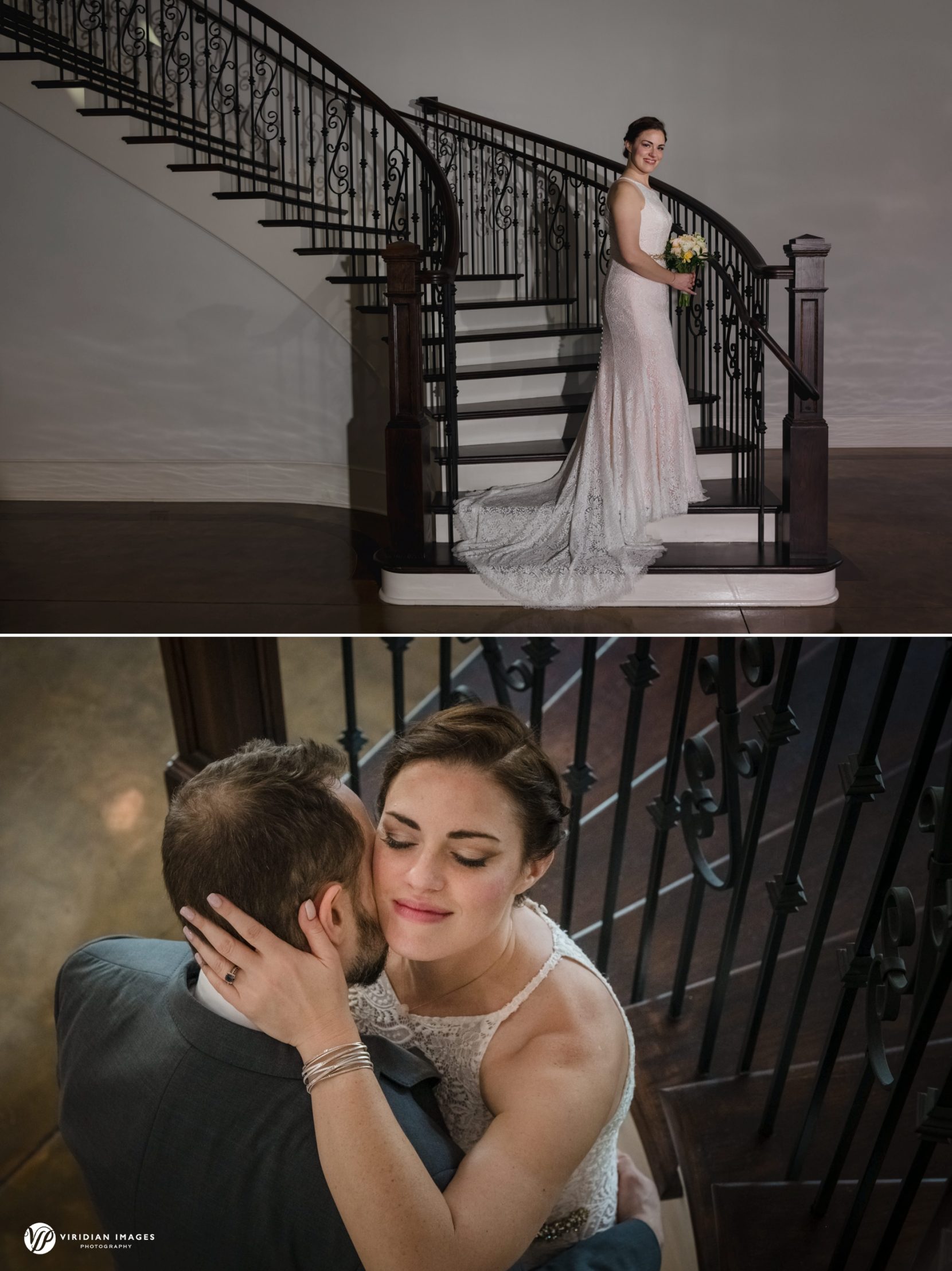 Bride portrait and bride and groom along grand staircase inside ballroom of Yonah Mountain Vineyard