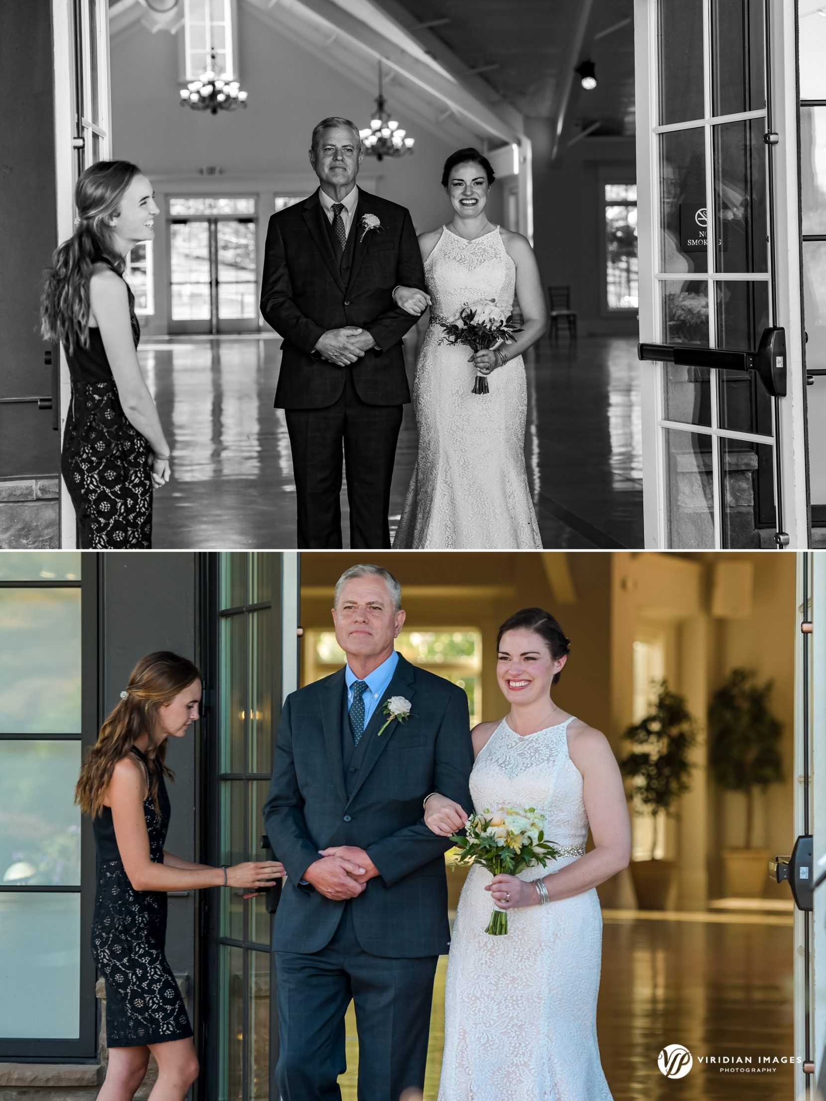 Bride and dad walking down outdoor aisle during wedding ceremony at Yonah Mountain Vineyard