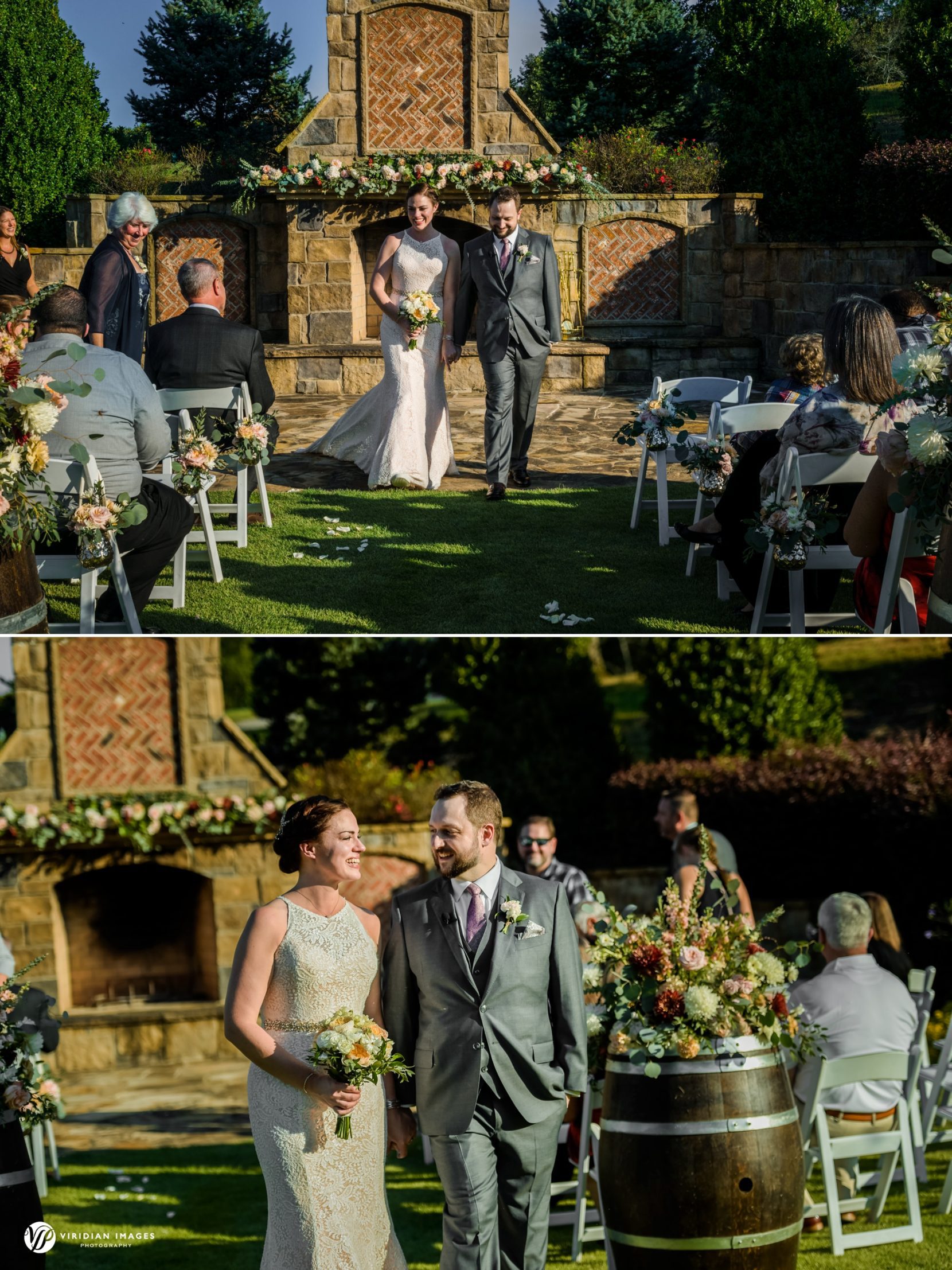 Bride and Groom walking back during wedding processional at Yonah Mountain Vineyard