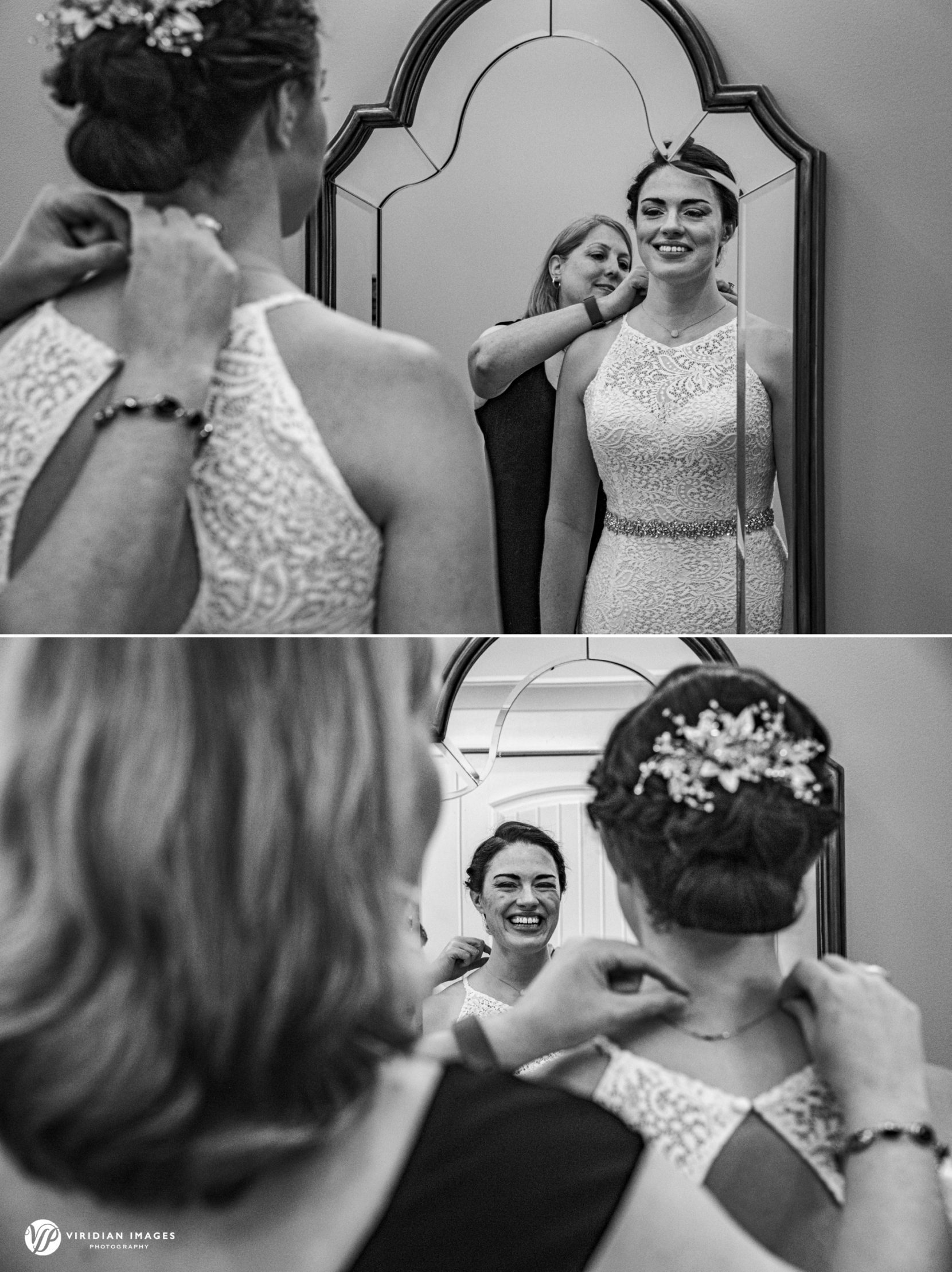 bride getting help putting on necklace before wedding ceremony
