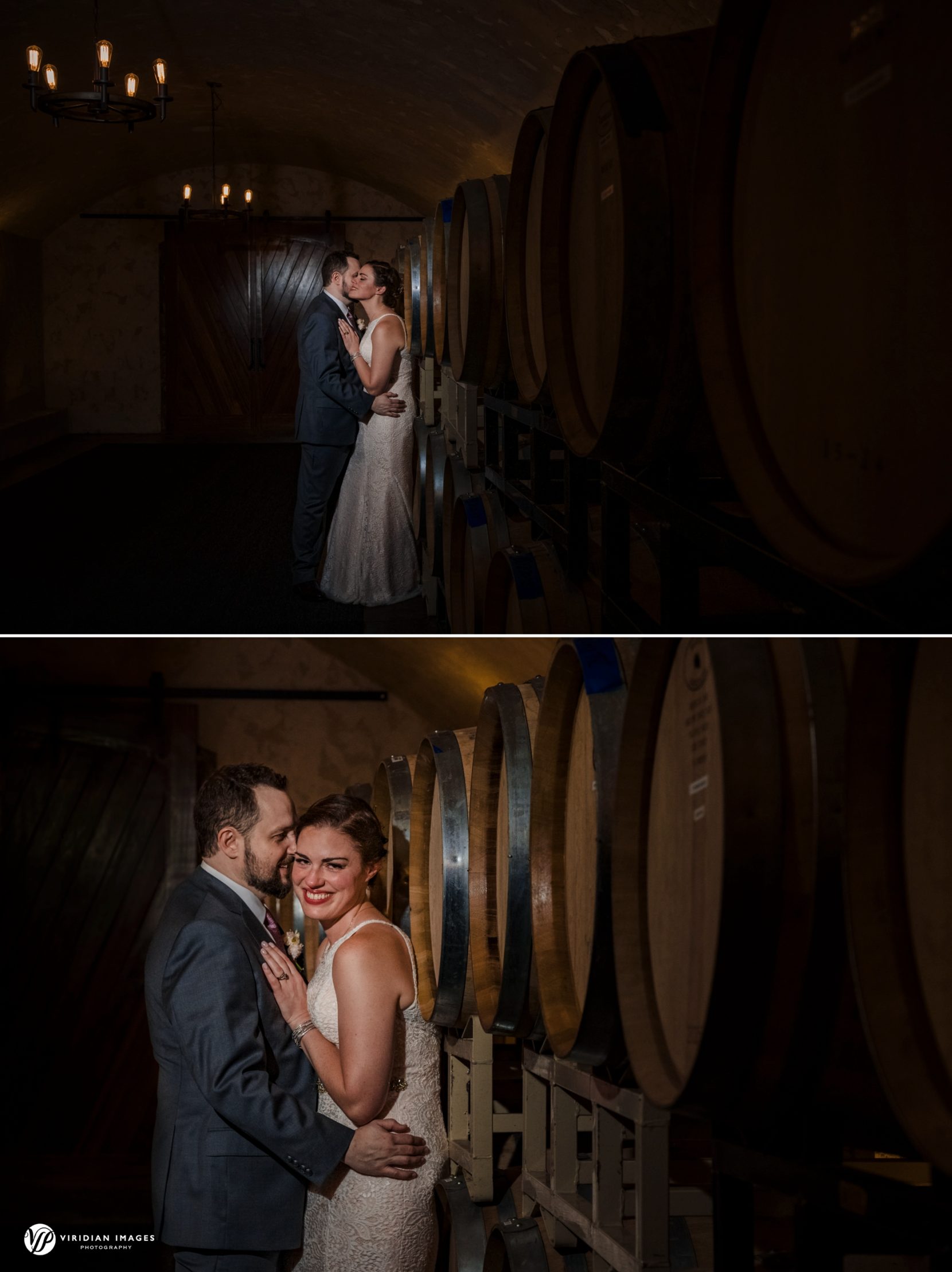 Bride and Groom portraits inside wine cellar with barrels at Yonah Mountain Vineyards