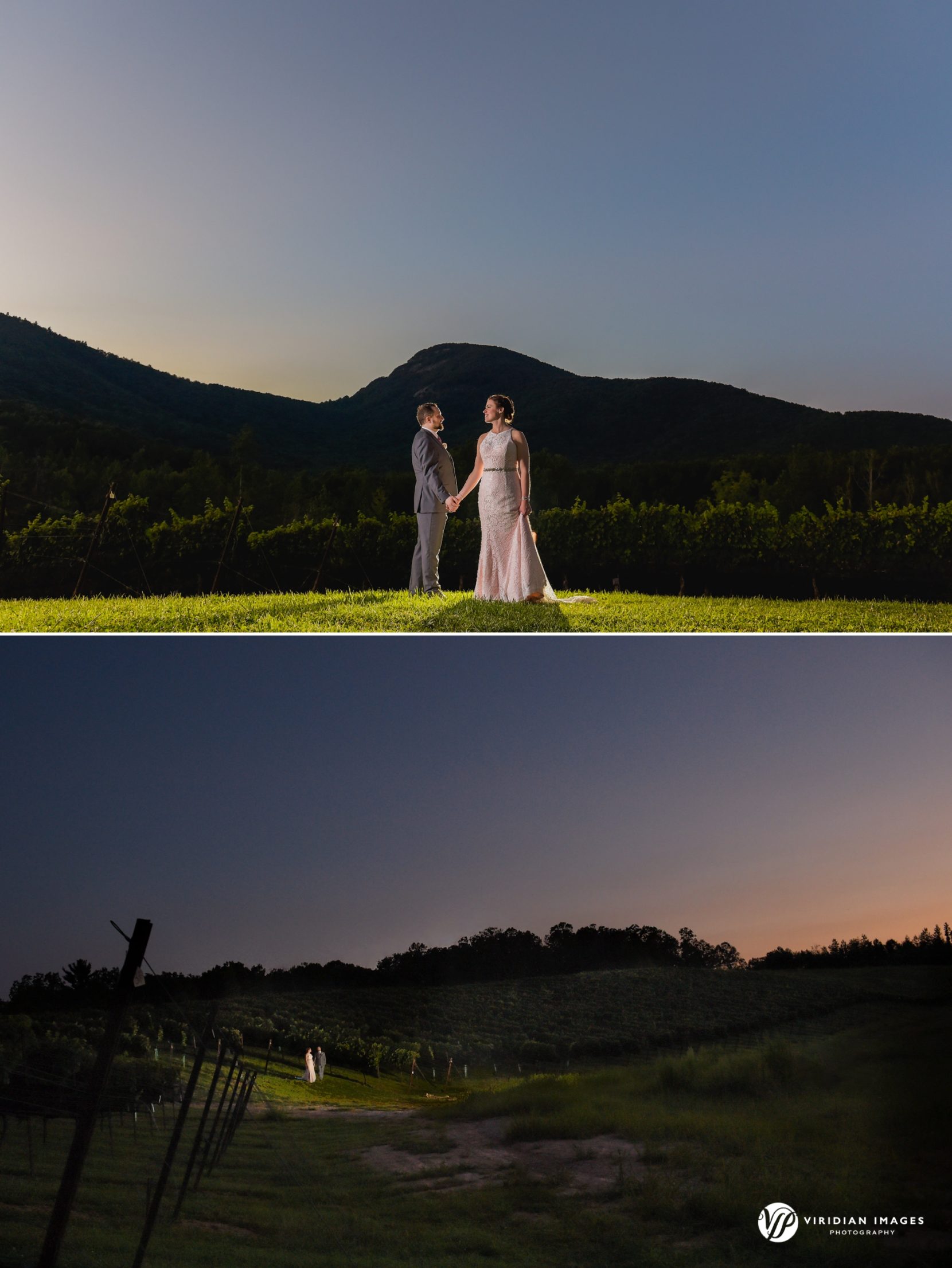 bride and groom together alone with Yonah Mountain in the background during blue hour