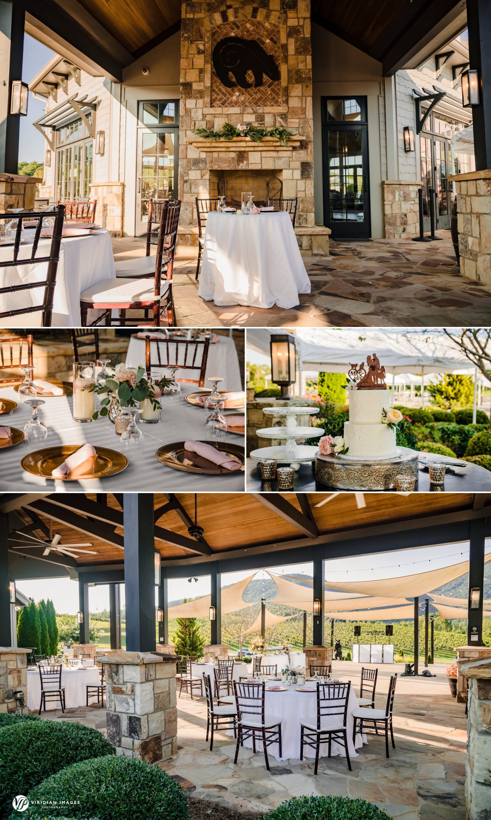 outside wedding reception decor overlooking the vineyard at Yonah Mountain