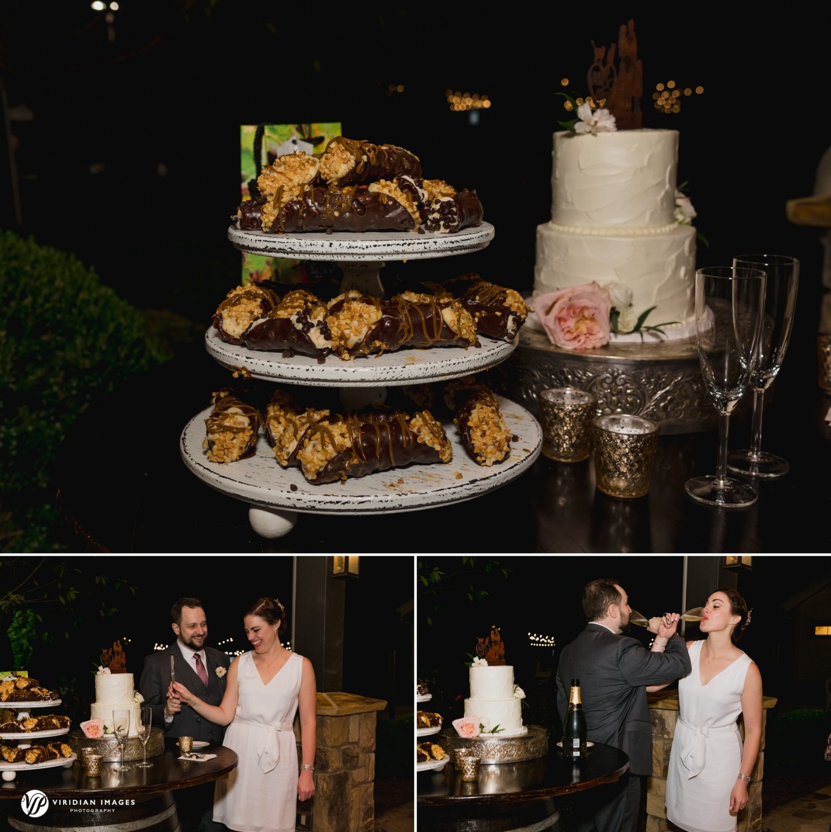 wedding cake and cannolis are what's for desert during Yonah Mountain wedding with couple cutting cake and sipping champagne