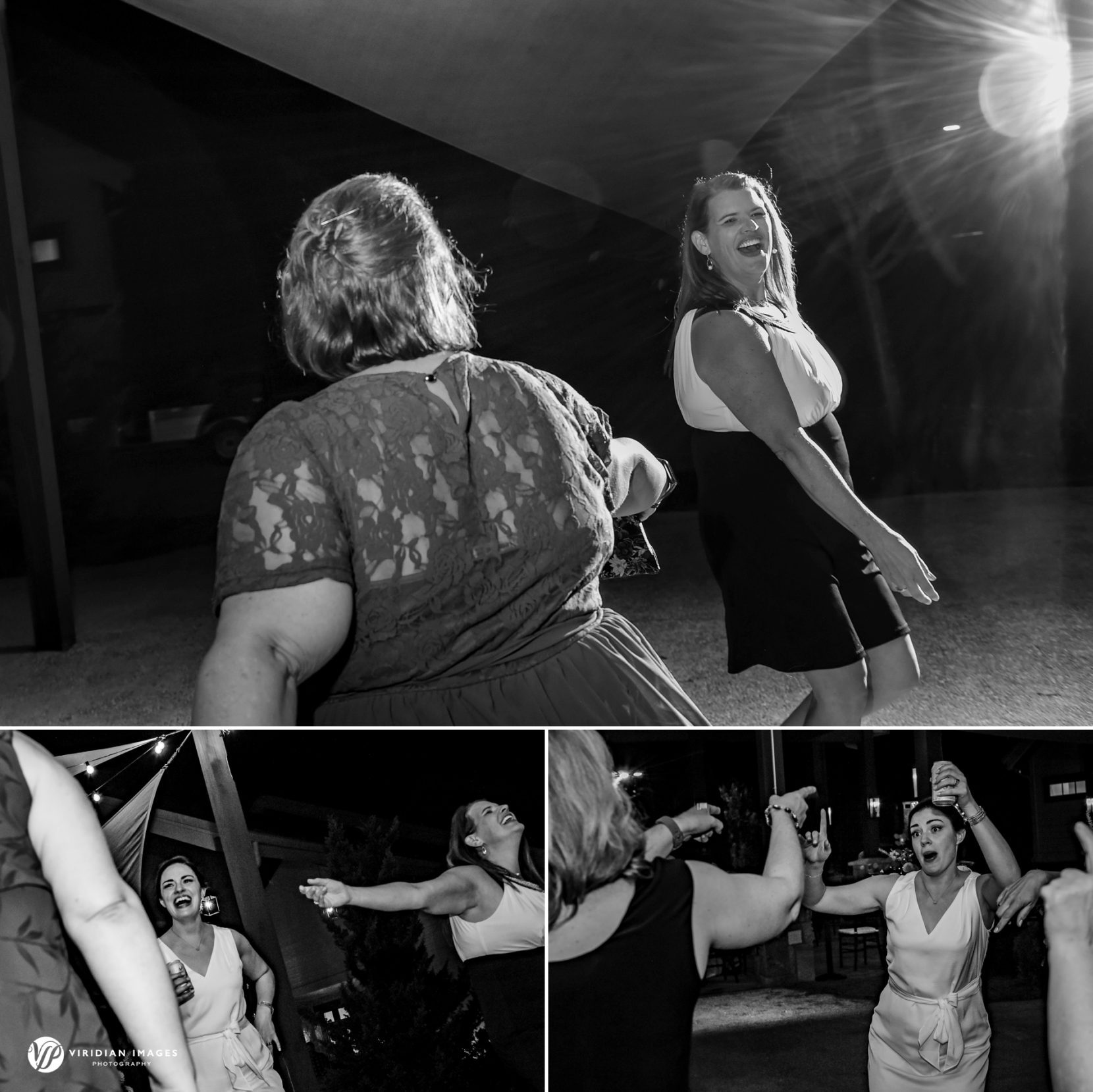 Brides and friends dancing during wedding reception at Yonah Mountain Cleveland Georgia