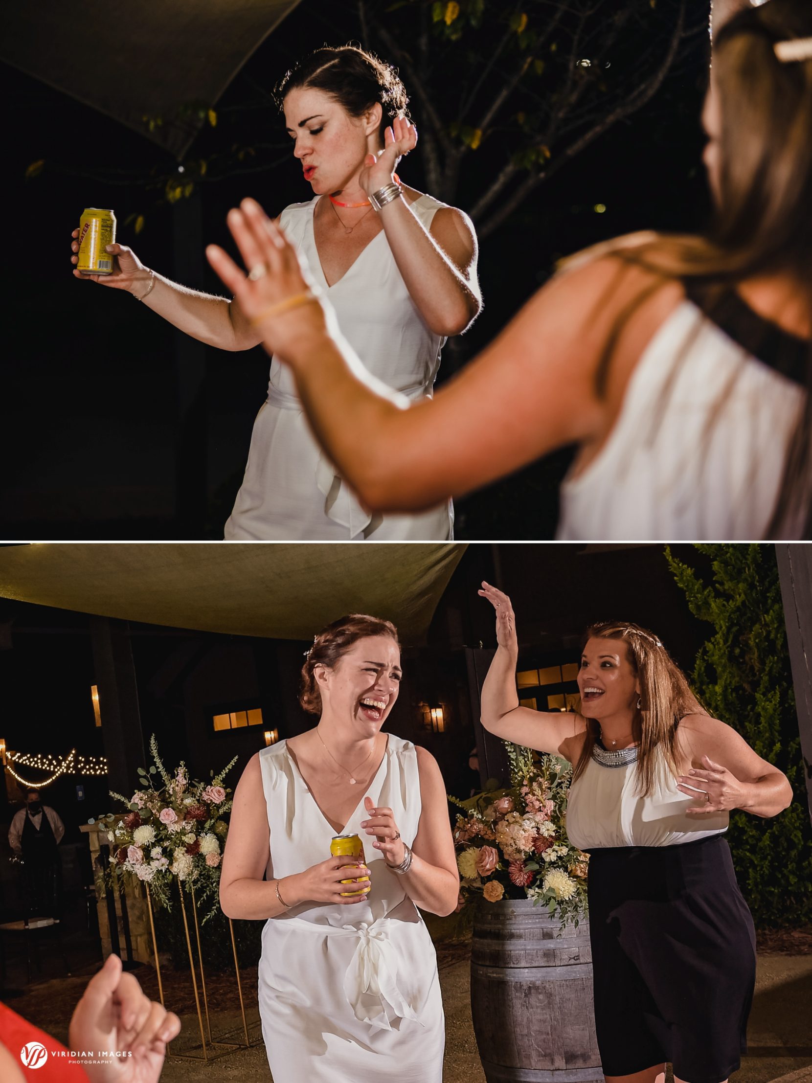Bride with bear dancing with friends outside at Yonah Mountain wedding