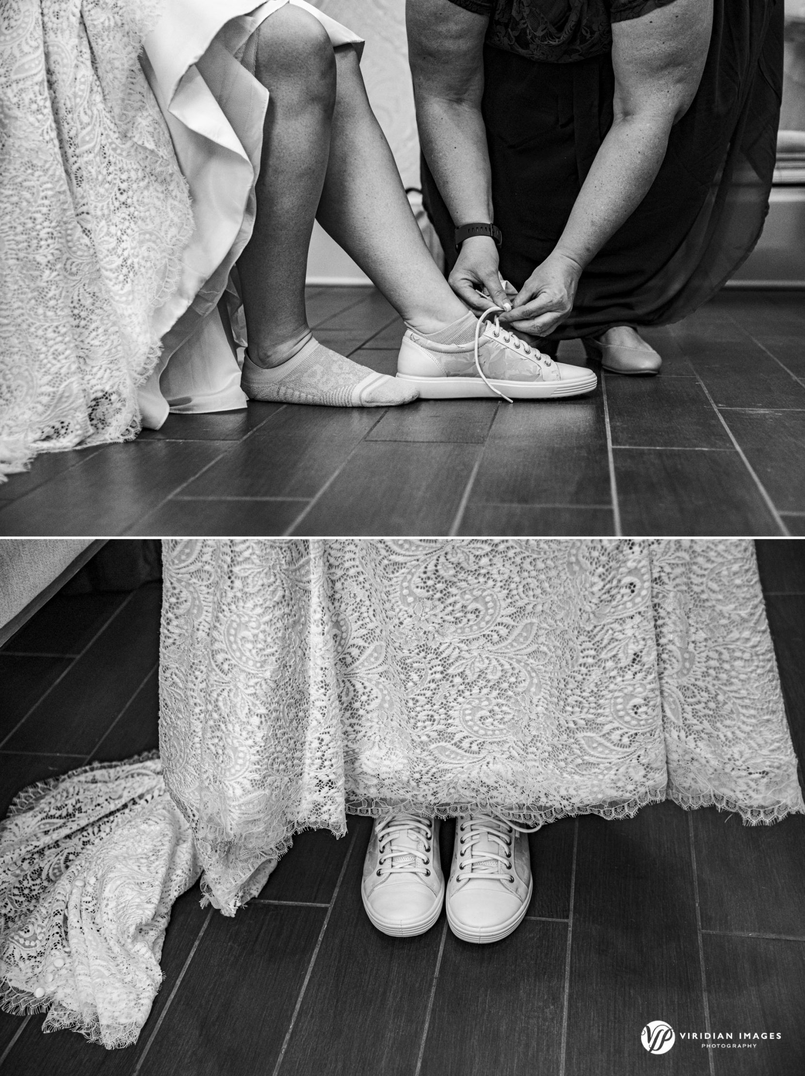 mother of bride helping put on custom sneaker before wedding ceremony