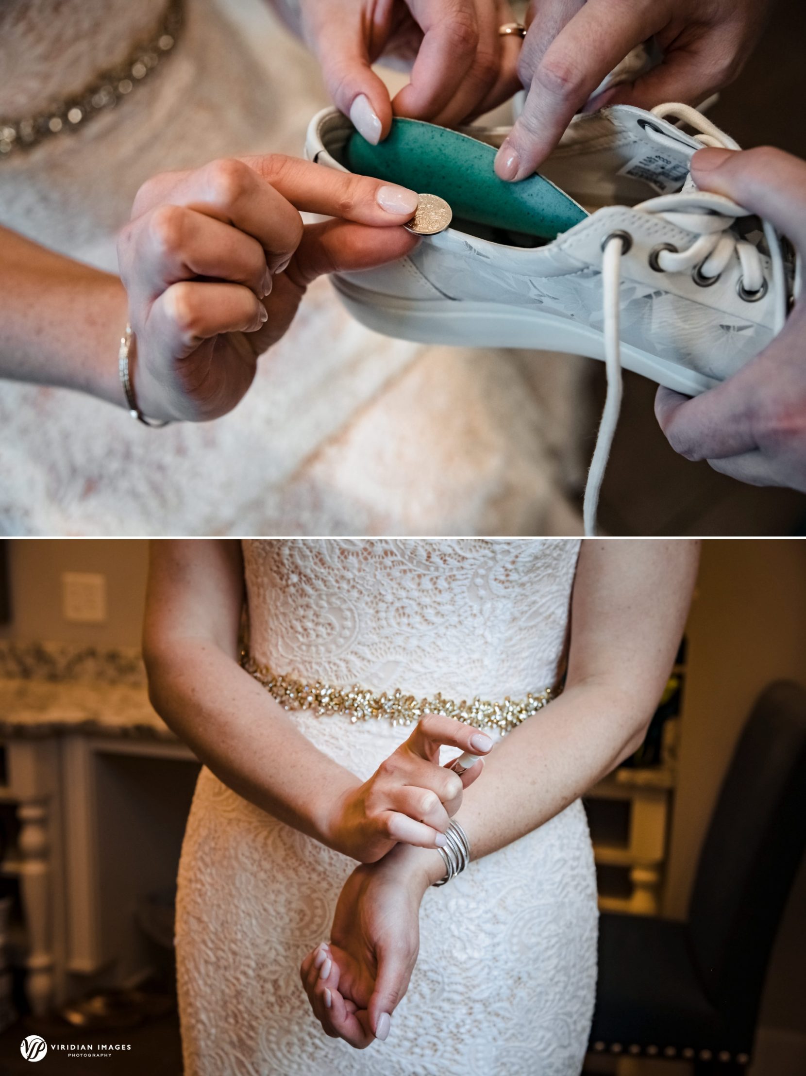 putting six pence under shoe lining before wedding and bride putting on perfume