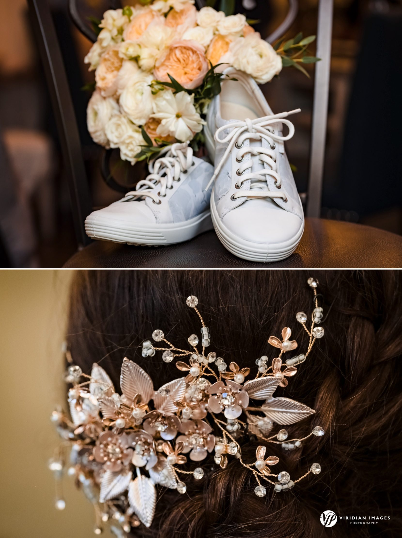 wedding detail custom sneakers with bouquet and rose gold hair piece