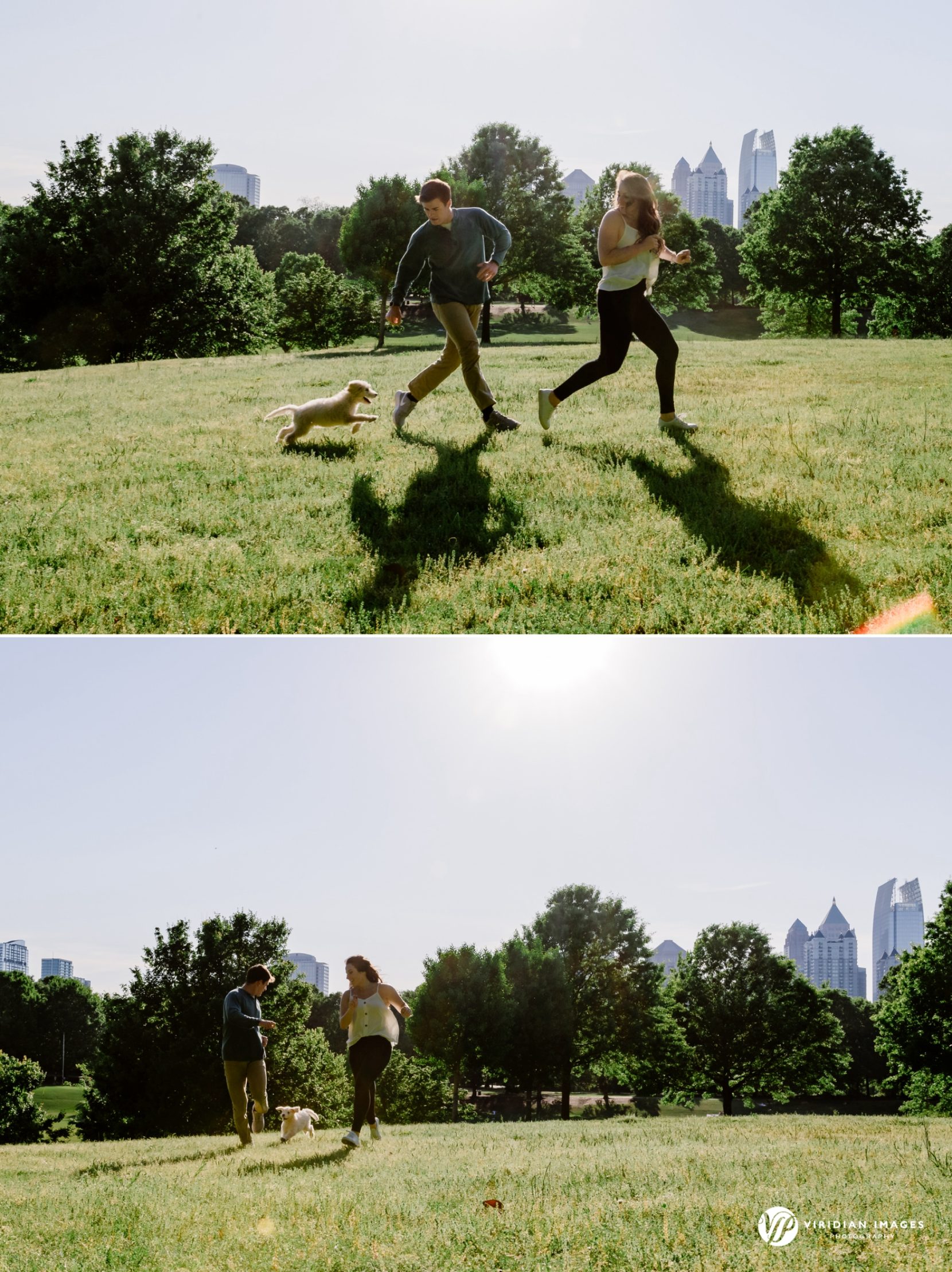 Couple plays with their golden doodle during engagement session in Piedmont Park, Atlanta.