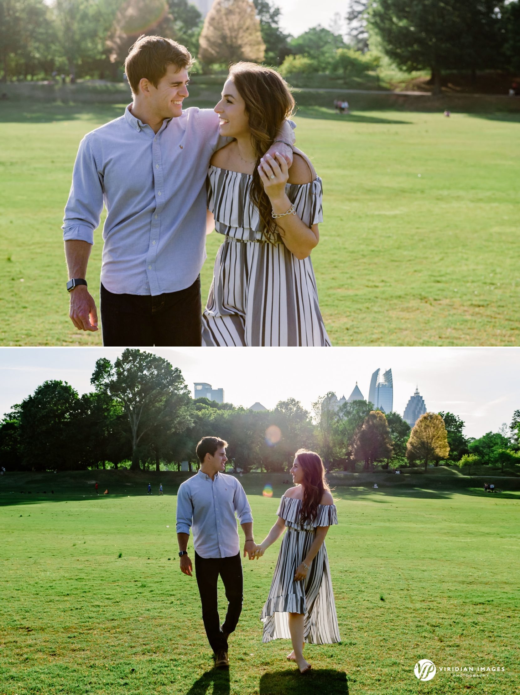 Couple walking hand in hand during engagement session at Piedmont Park Atlanta