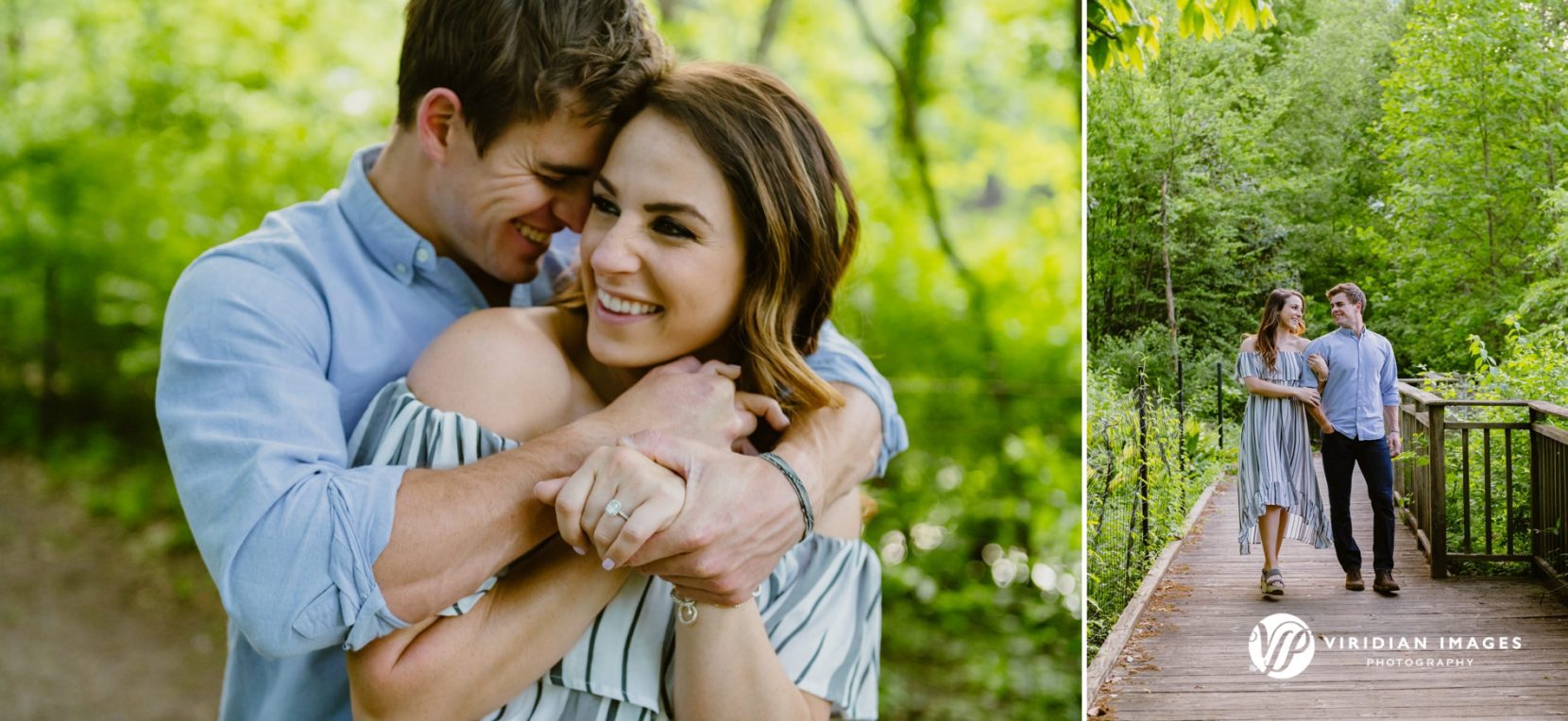 Couple embrace under trees and walking down wooden boardwalk in Piedmont Park Atlanta