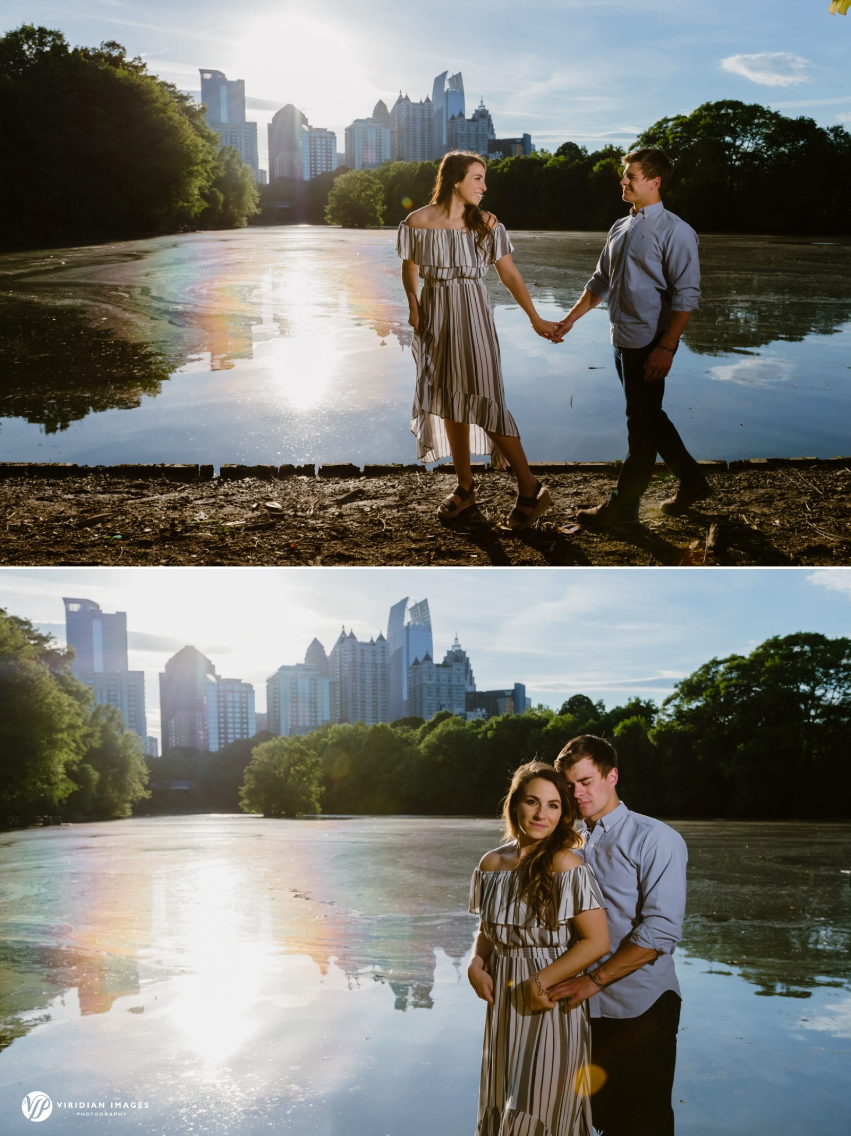 Dramatic portrait of couple walking along path with Atlanta skyline at Piedmont Park