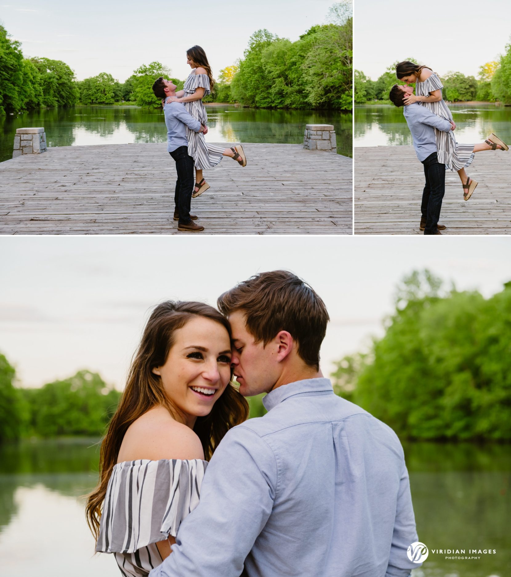 Man lifts woman up on wood dock on lake at Piedmont Park engagement session