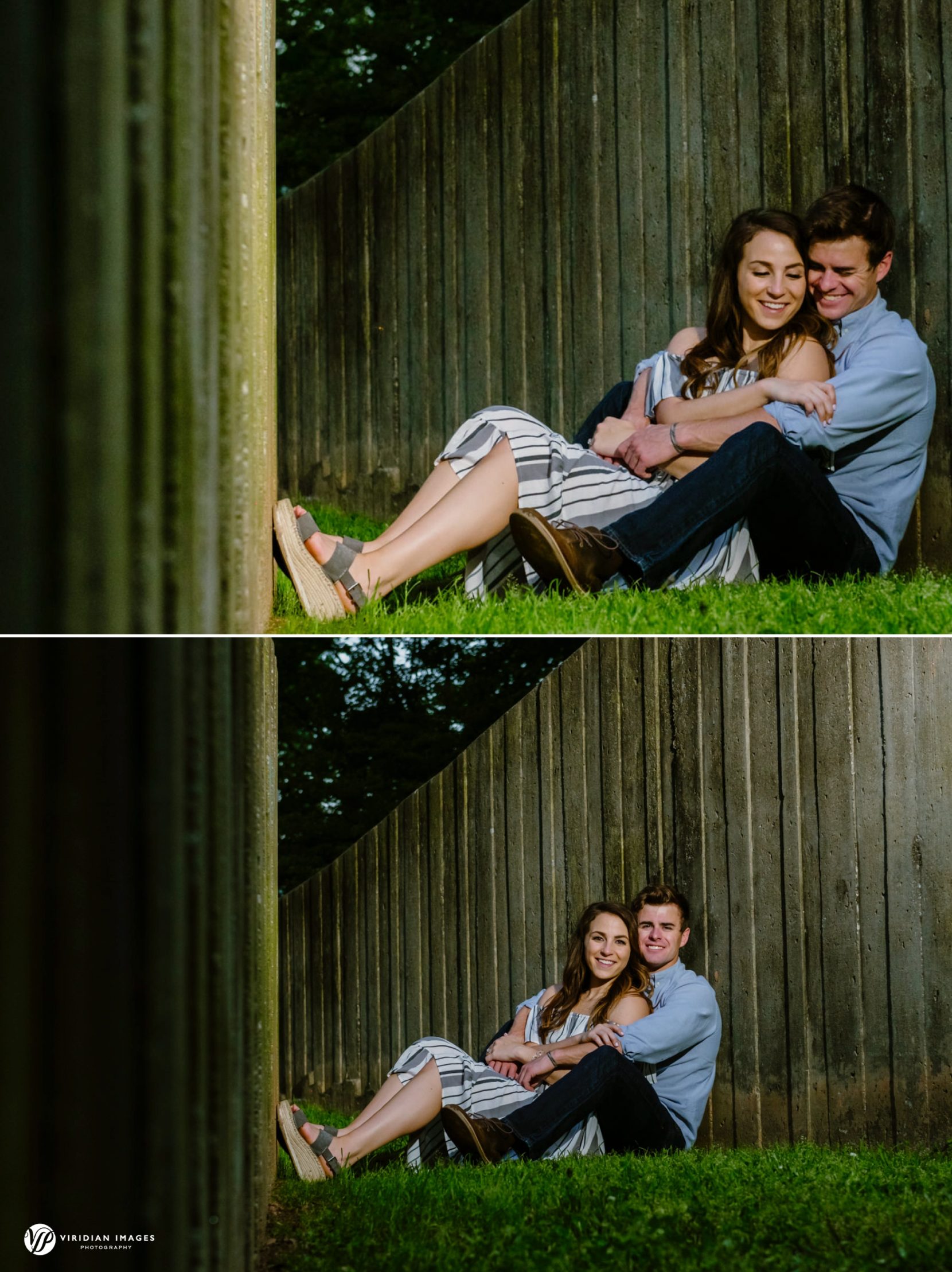 Couple sitting down with off-camera flash portrait with golden doodle puppy portrait