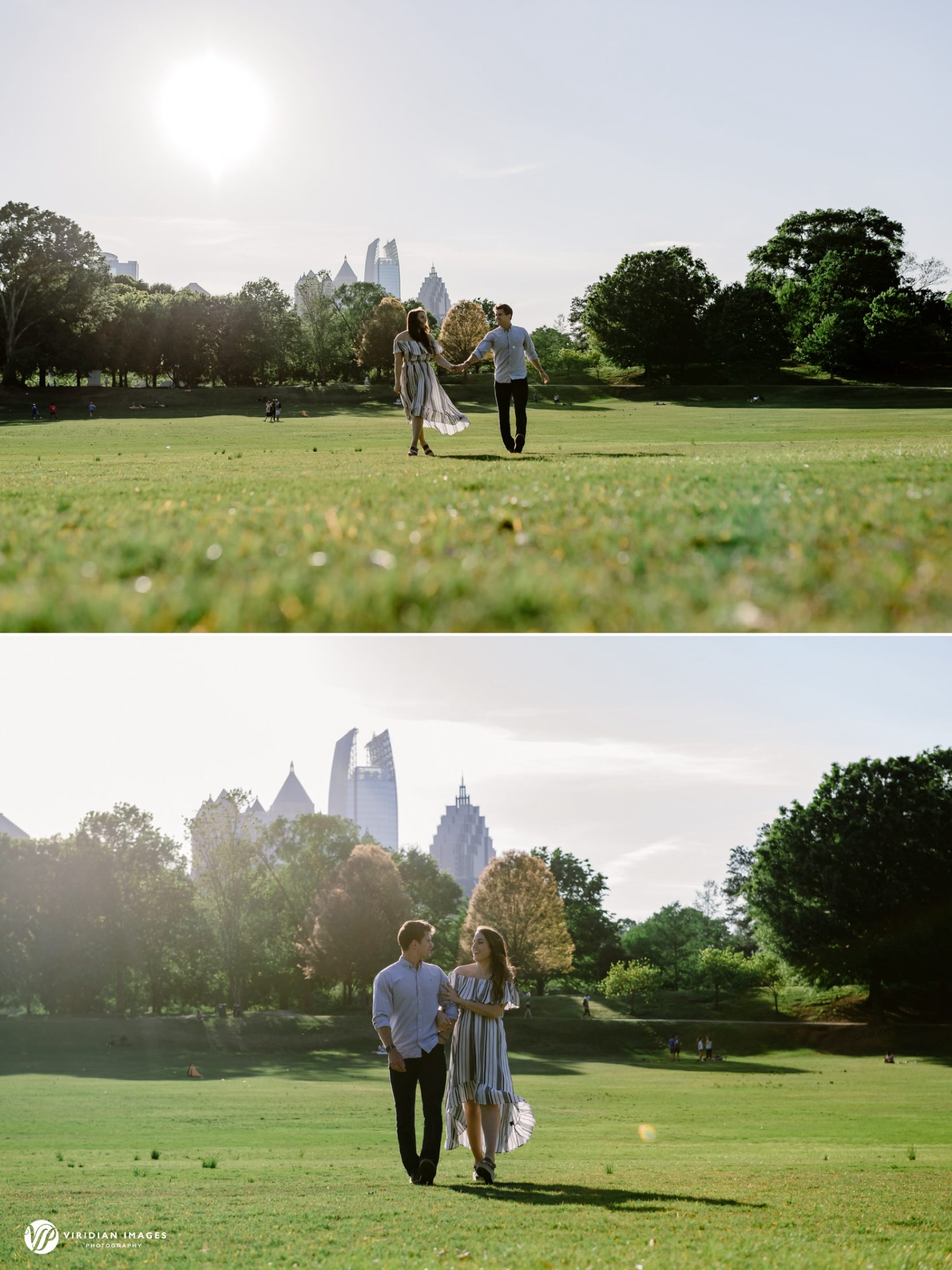 Wide shot of couple walking through Piedmont Park meadow in late afternoon engagement session