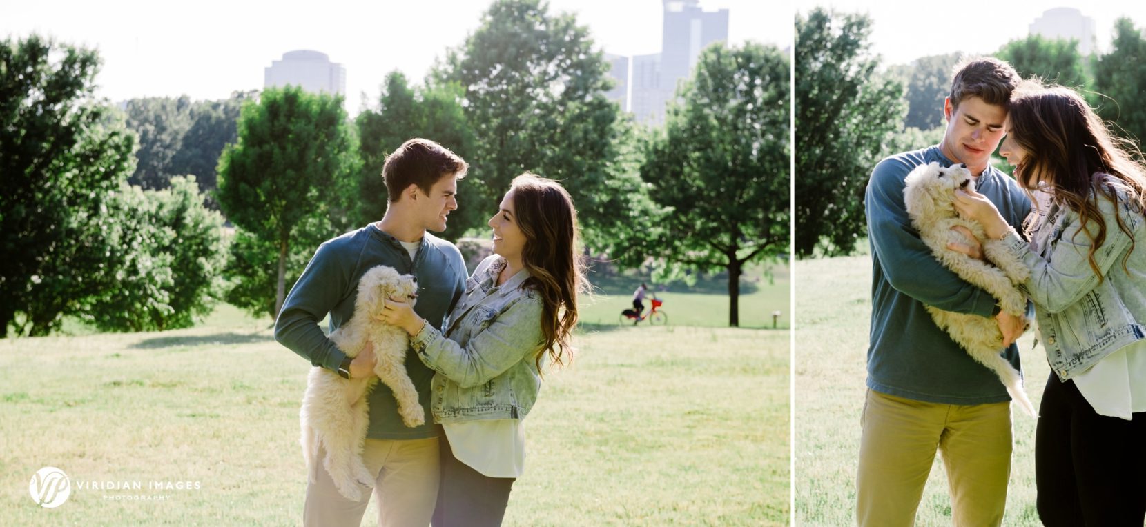 Couple cuddling with golden doodle with city skyline background at Piedmont Park