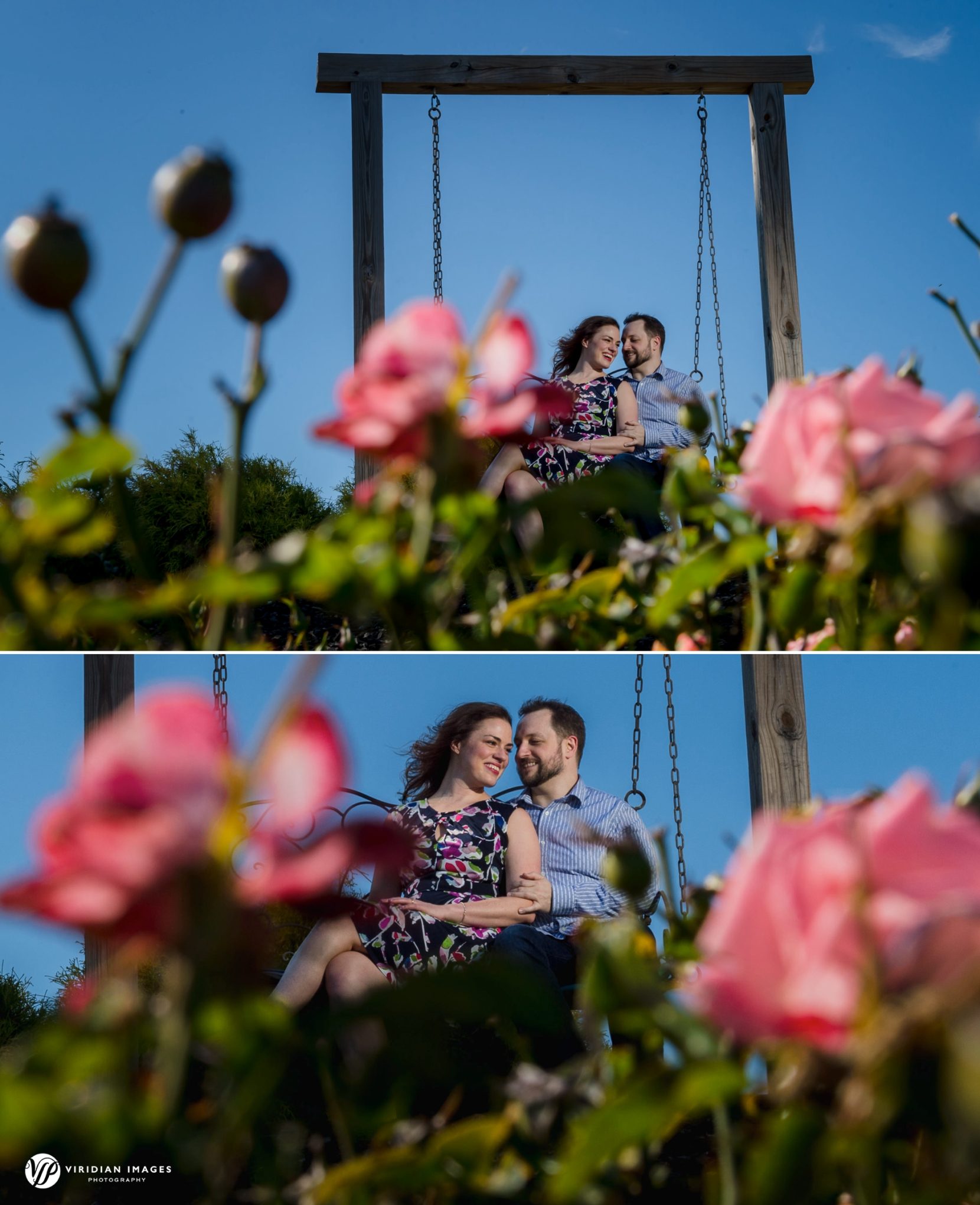 Romantic couple sitting together on swing with sweeping North Georgia mountain views in front of them