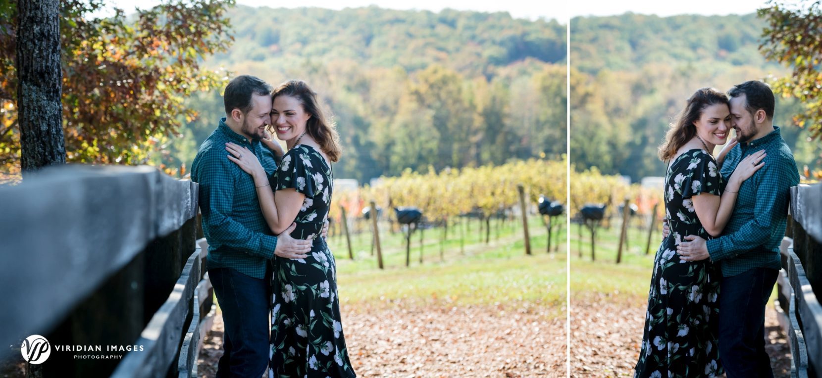 Romantic moment of couple against wood fence at The Cottage Vineyard and Winery engagement session