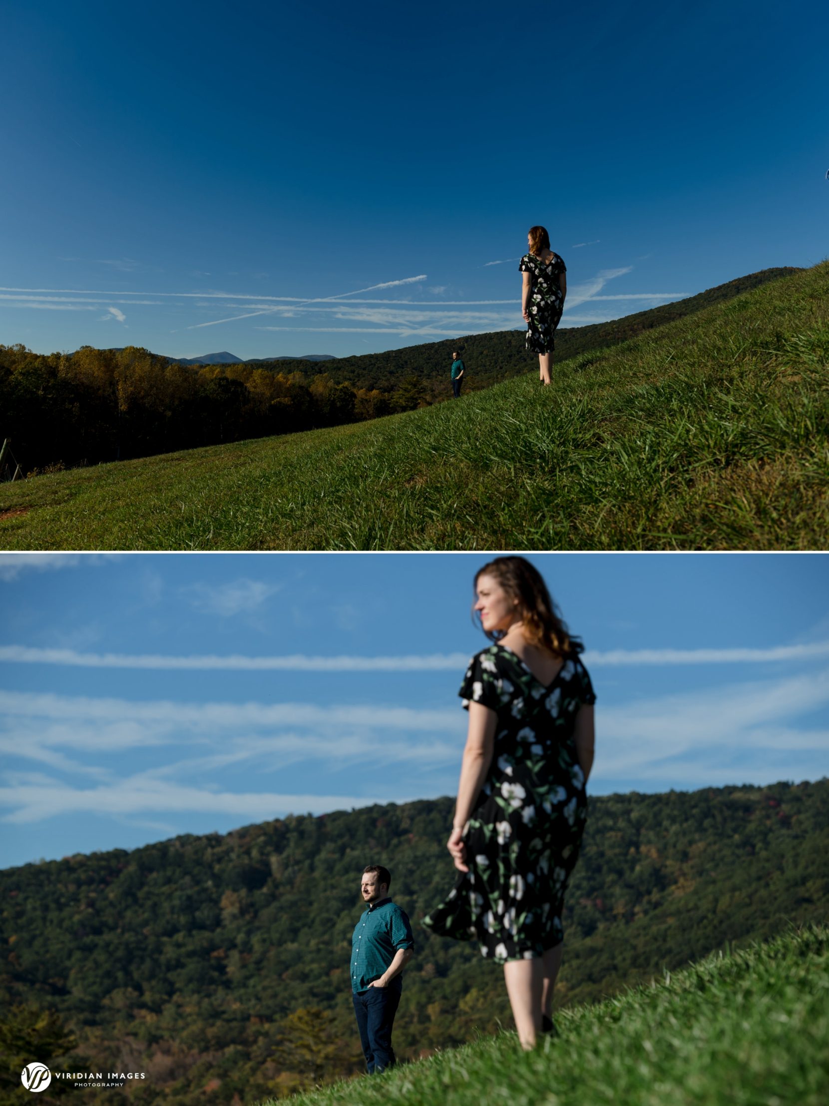 Editorial-style engagement photo with sweeping mountain view behind