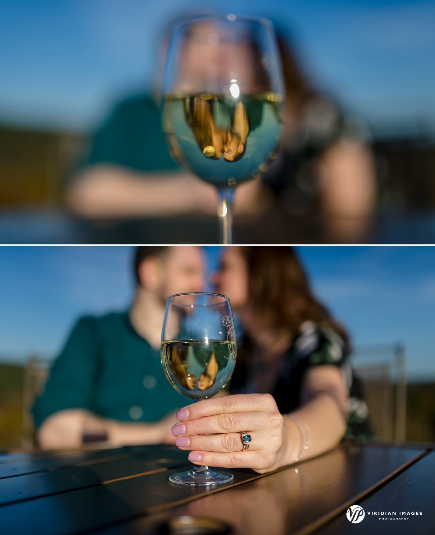 Elegant engagement ring photo while holding wine glass during vineyard engagement session