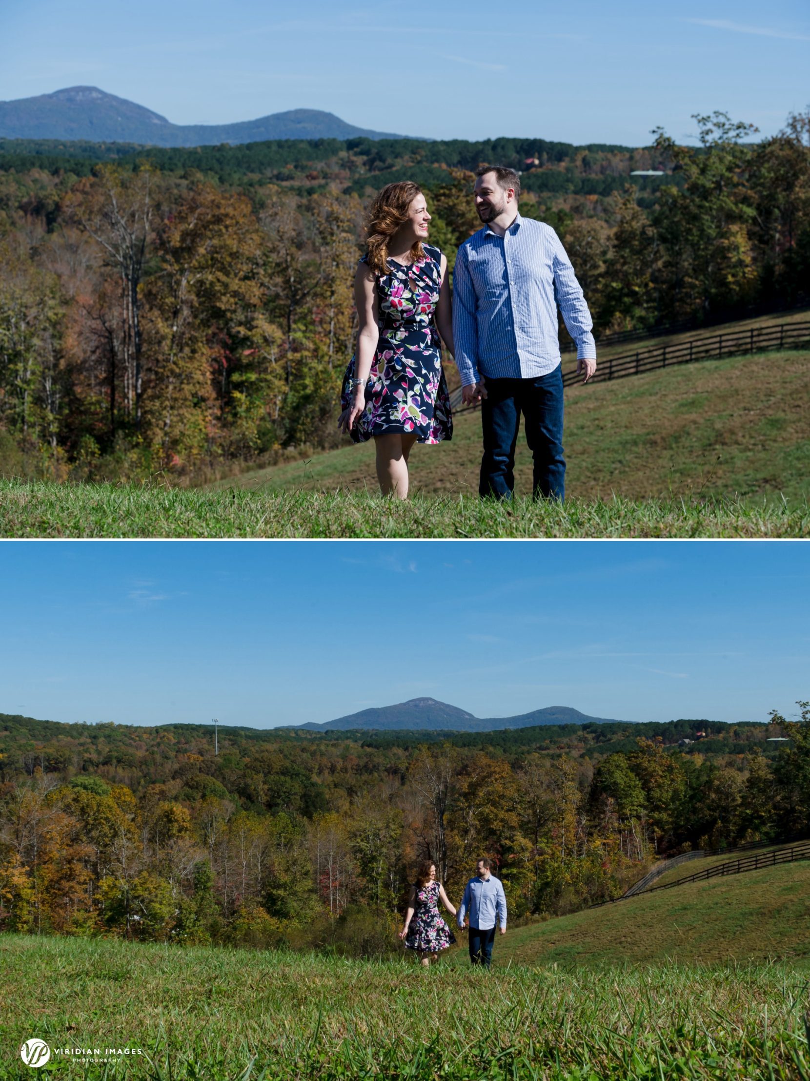 Couple walking hand in hand through rolling hills at The Cottage Vineyard & Winery