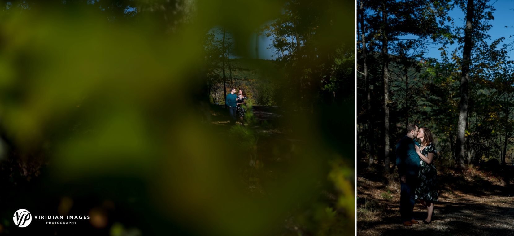 Romantic couple stopped at beam of sunlight along path at The Cottage Vineyard and Winery