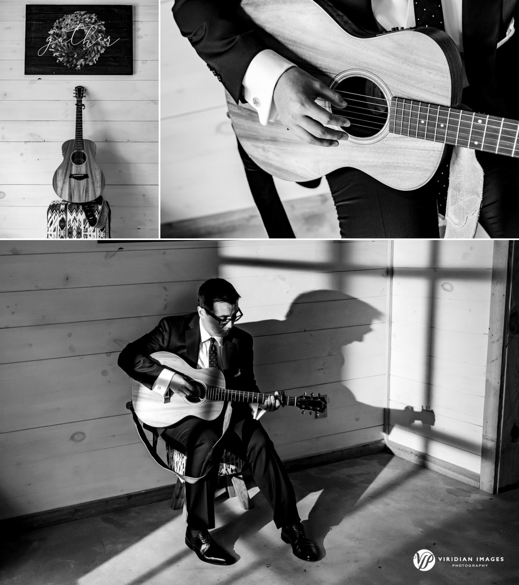 Groom practicing playing guitar before first look serenade at Meadows at Mossy Creek Wedding