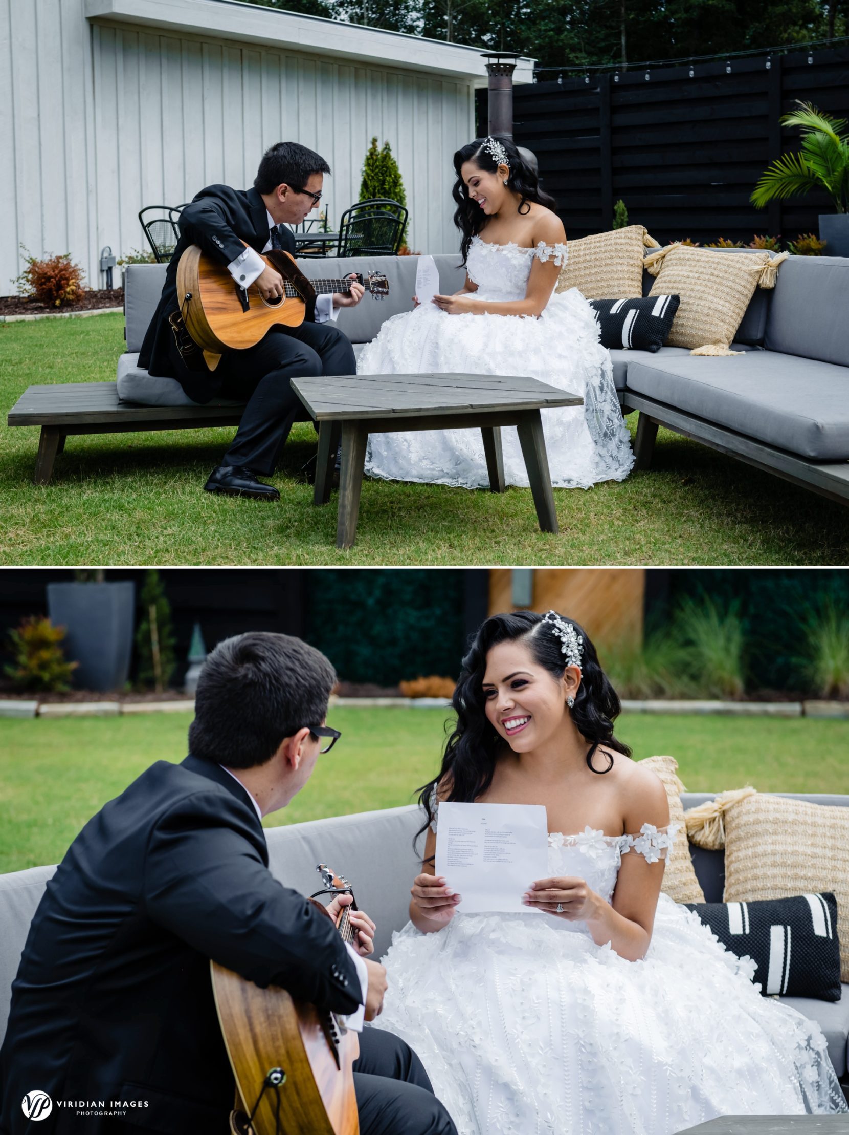 Groom sings a handwritten song to his bride after their first look at Meadows at Mossy Creek