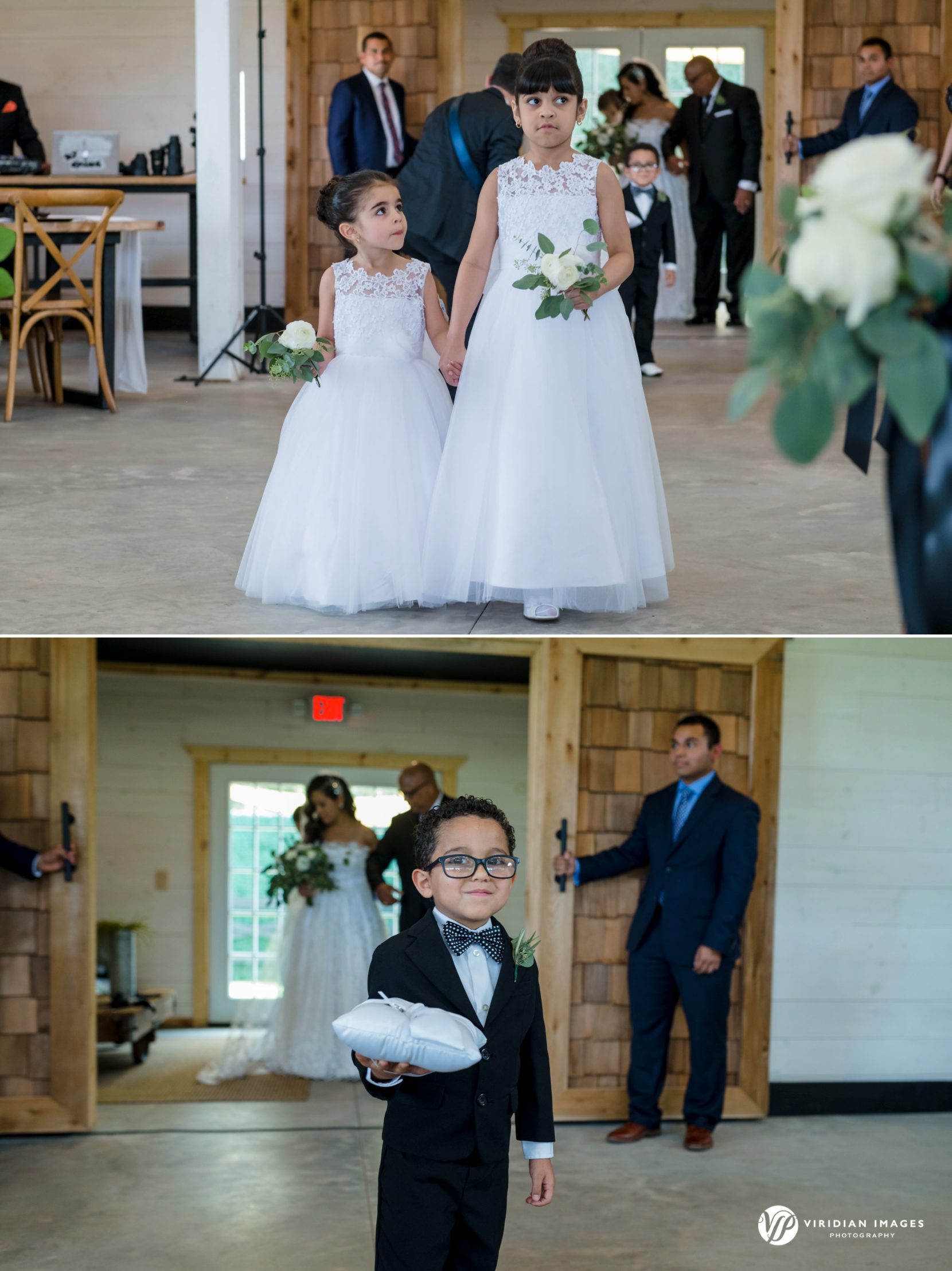 Flower girls and ring boy entrance during wedding ceremony at Meadows at Mossy Creek