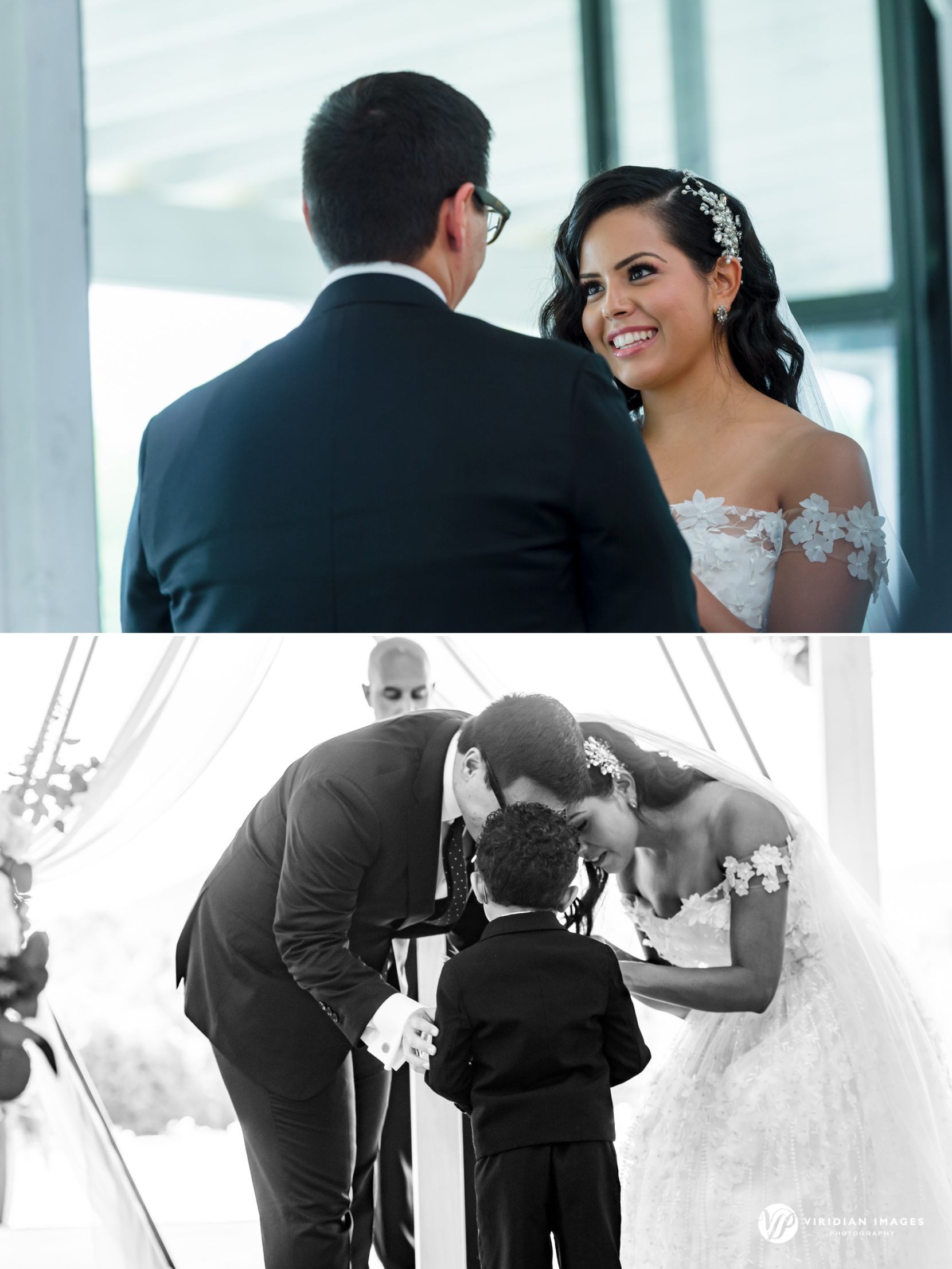 Bride and groom exchanging vows inside the venue with soft light and outdoor views behind them