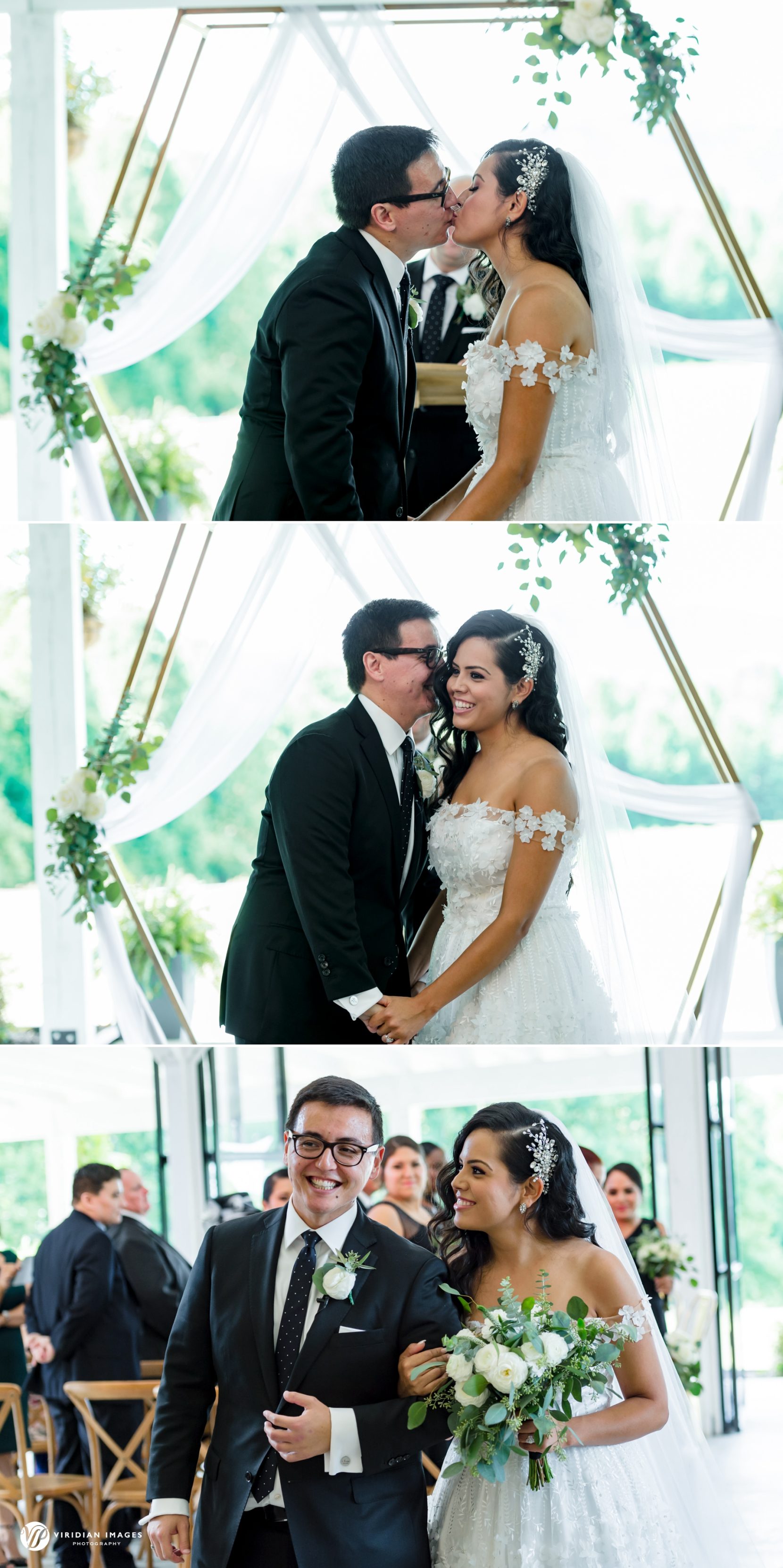 First kiss during ceremony and recessional indoor at Meadows at Mossy Creek