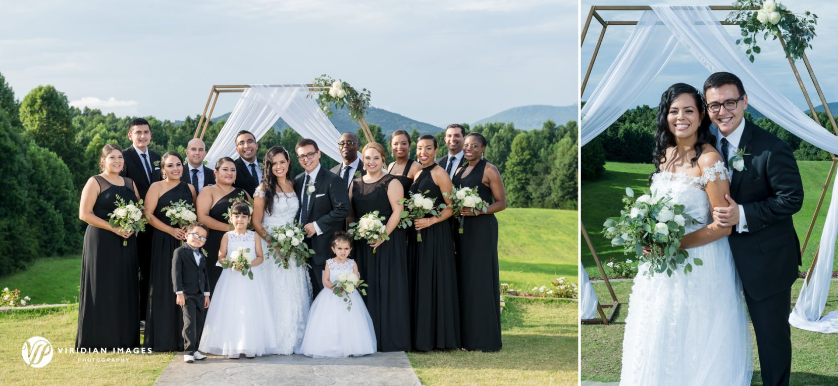 Wedding party and bridal portraits with mountain backdrop at Meadows at Mossy Creek