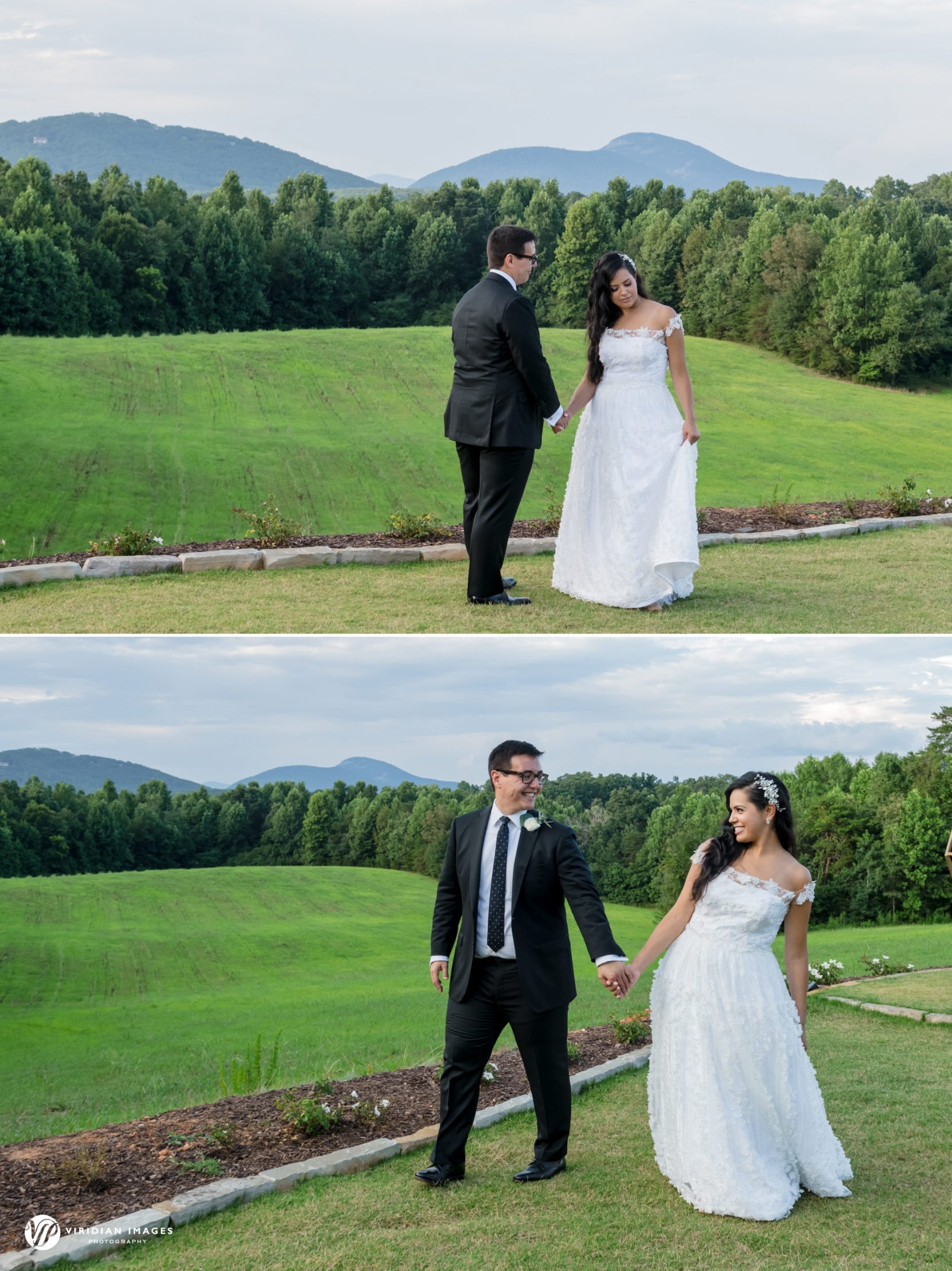 Wide angle portrait of bride and groom with sweeping views of the Blue Ridge Mountains