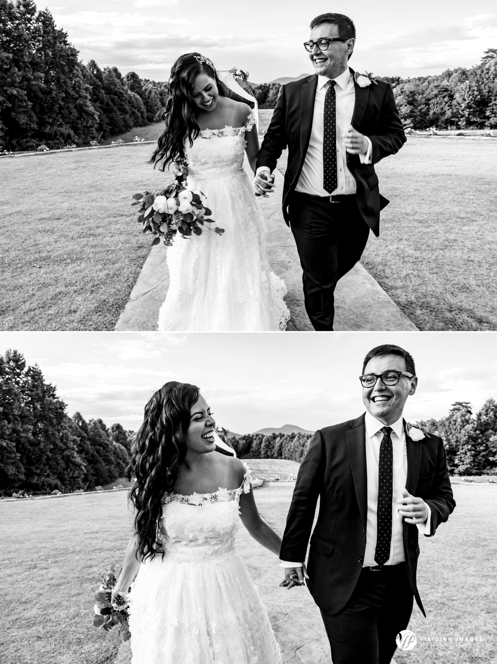Naysha and Steven laughing and walking hand-in-hand through field at Meadows at Mossy Creek
