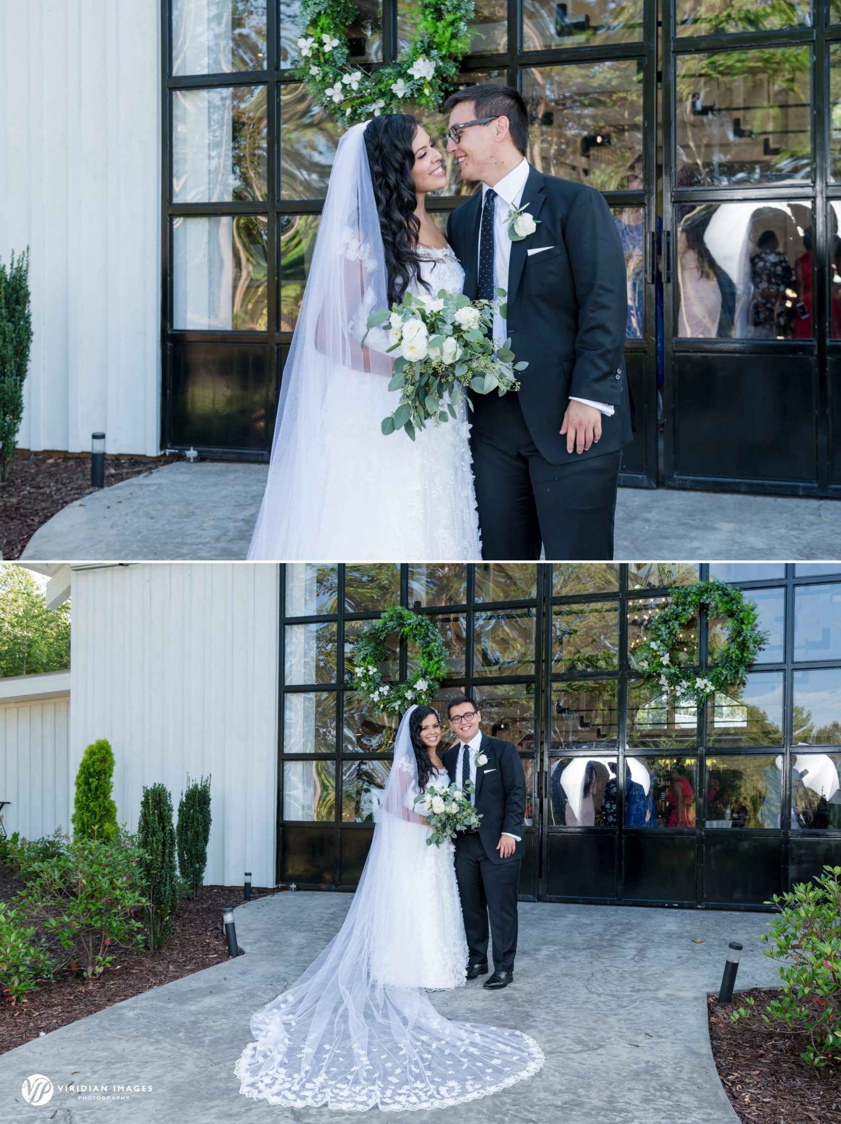 wedding portrait in front of large glass barn doors at Meadows at Mossy Creek