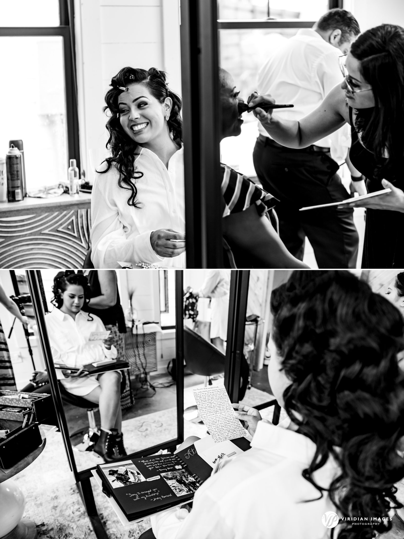 Bride getting ready with radiant smile at Meadow at Mossy Creek bridal suite