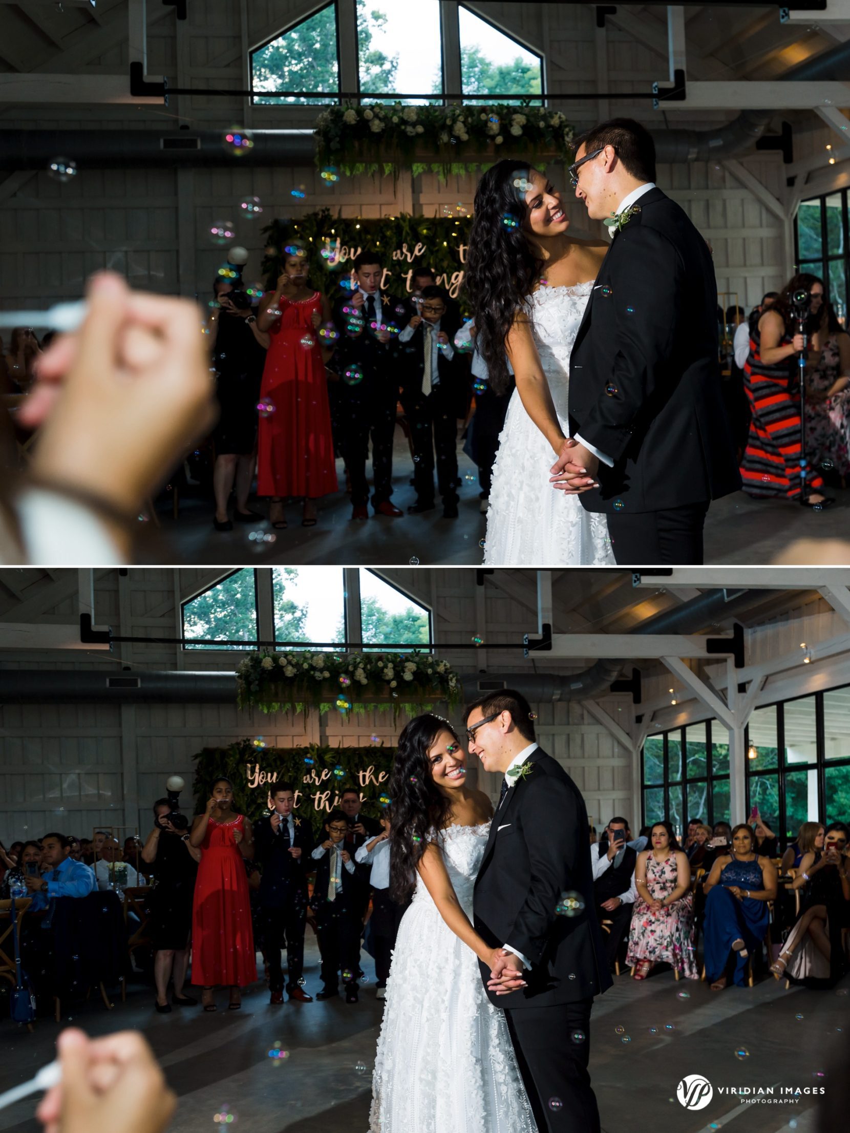 bride and groom first dance with children blowing bubbles at Meadows at Mossy Creek wedding reception