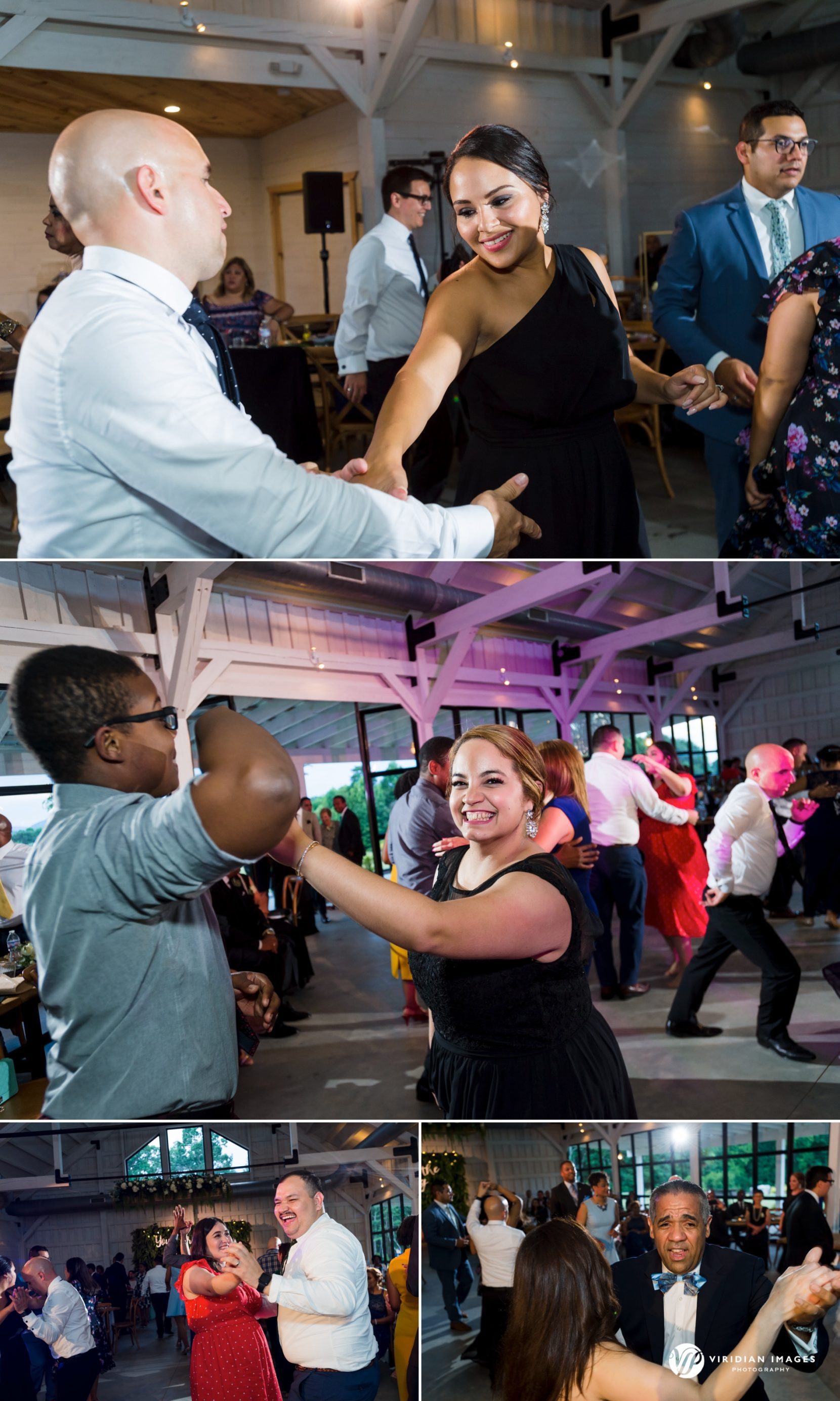 Guest dancing and celebrating on a packed dance floor during the joyful reception
