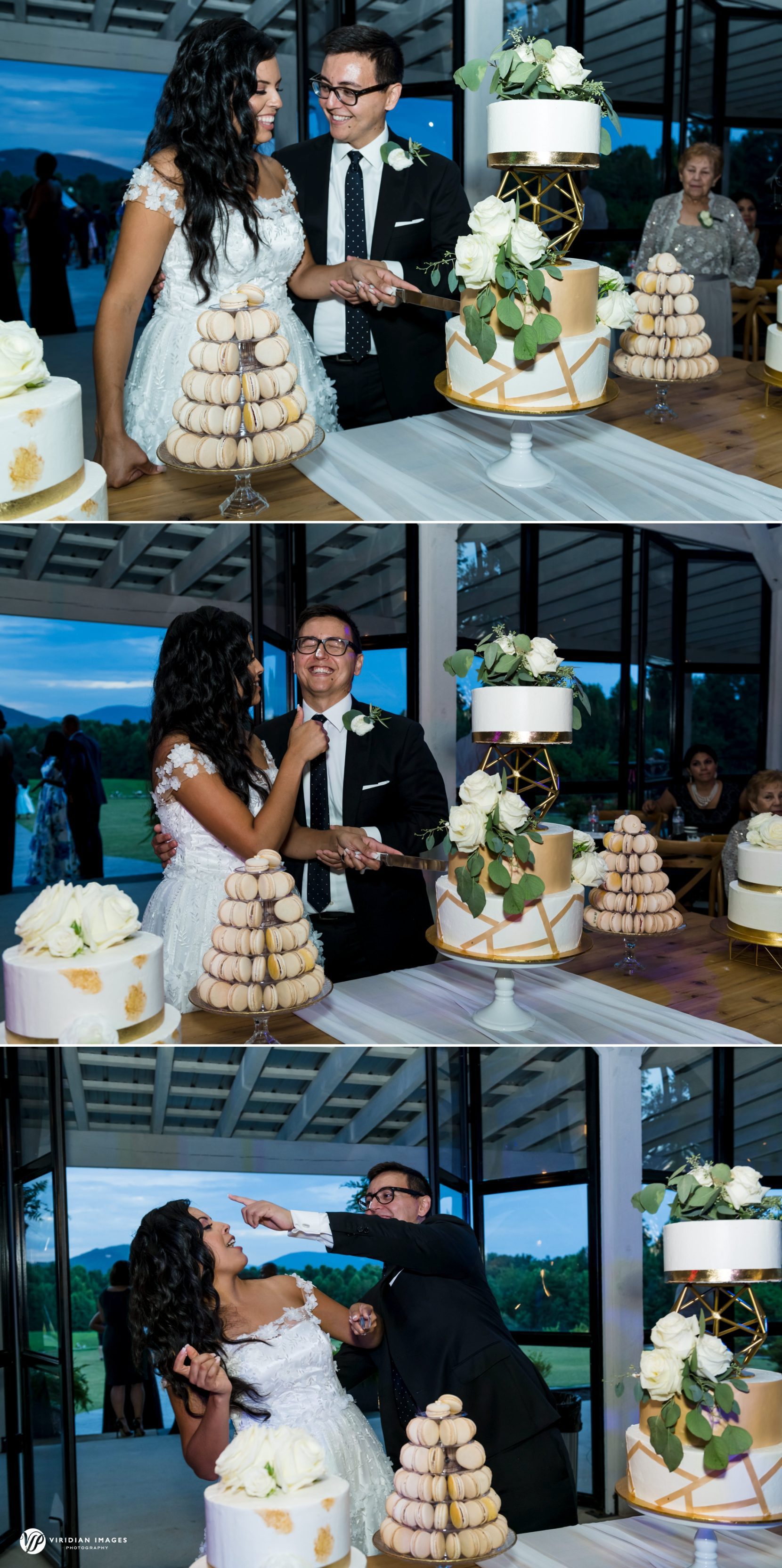 Bride and Groom cutting wedding cake at Meadows at Mossy Creek