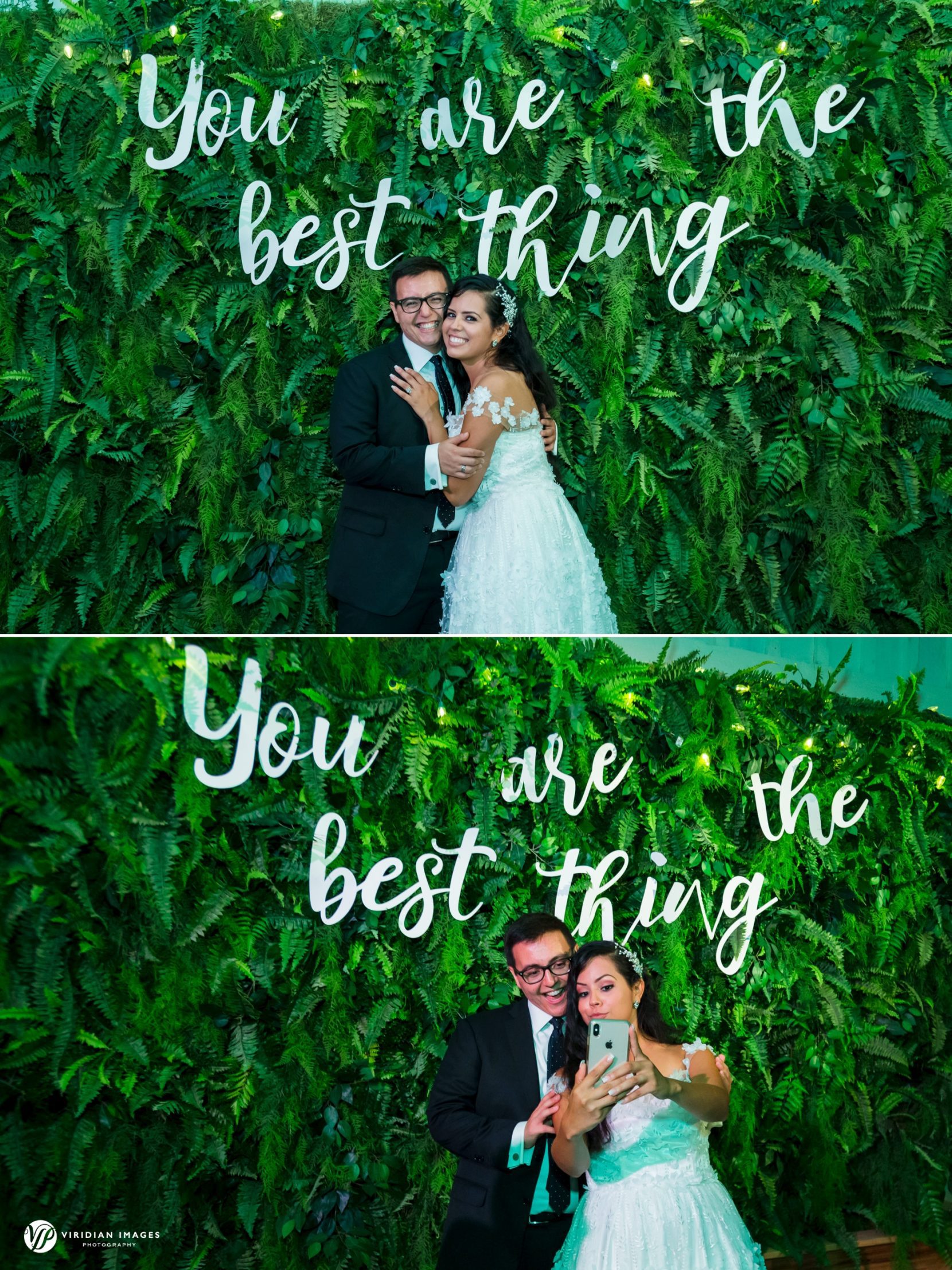 Candid photos of bride and room taking selfies in front of custom backdrop during wedding reception
